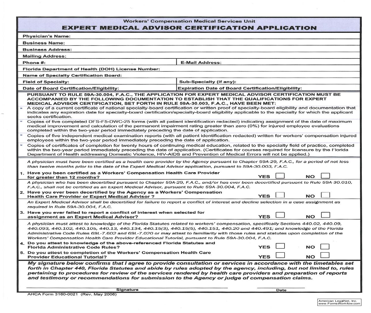 Expert Medical Advisor Certification Application {DFS Form 3160-0021} | Pdf Fpdf Doc Docx | Florida