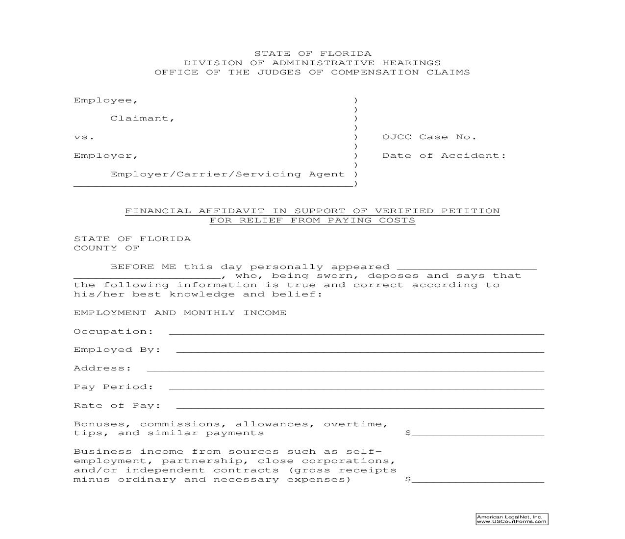 Financial Affidavit In Support Of Verified Petition For Relief From Paying Costs | Pdf Fpdf Doc Docx | Florida