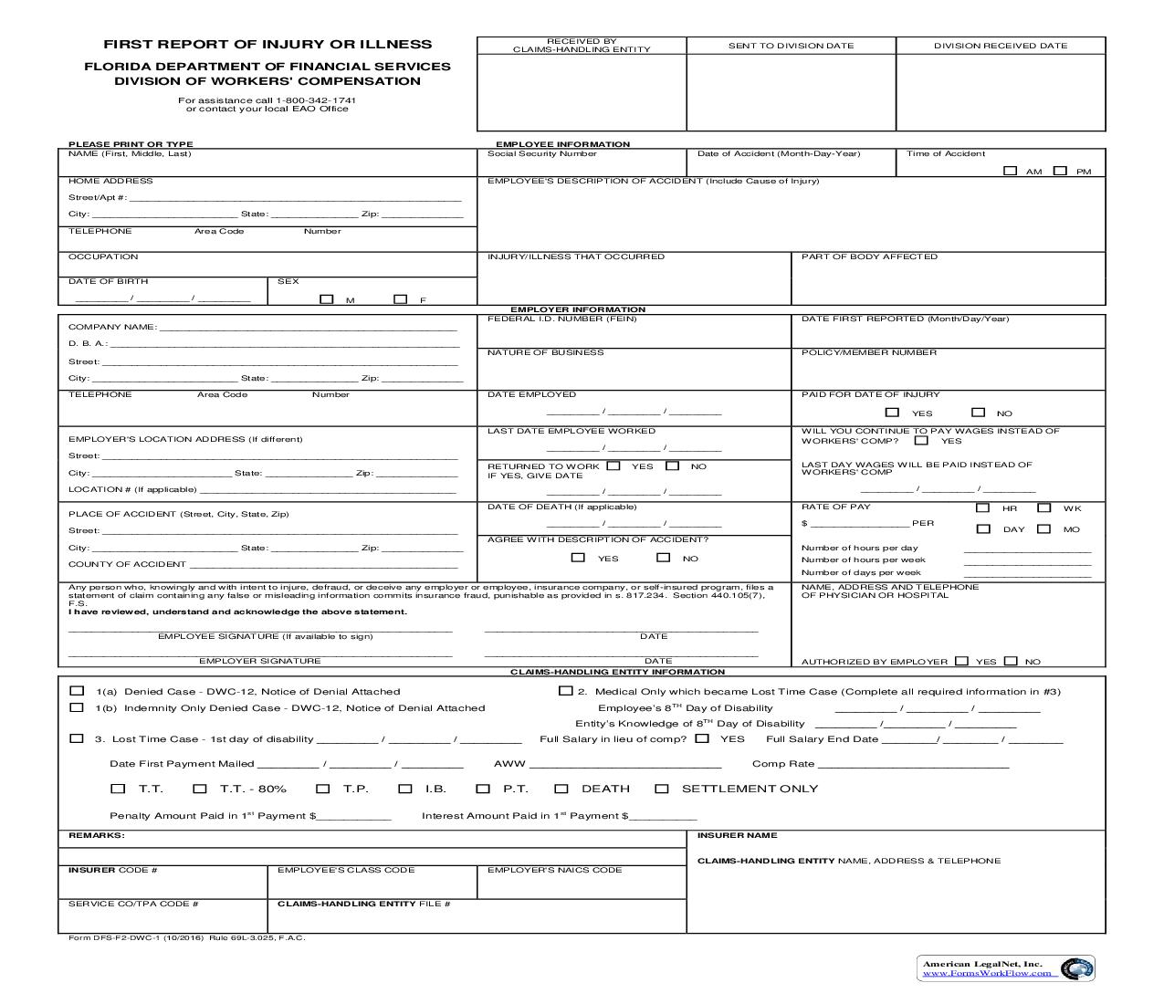 First Report Injury Or Illness {DWC-1} | Pdf Fpdf Doc Docx | Florida