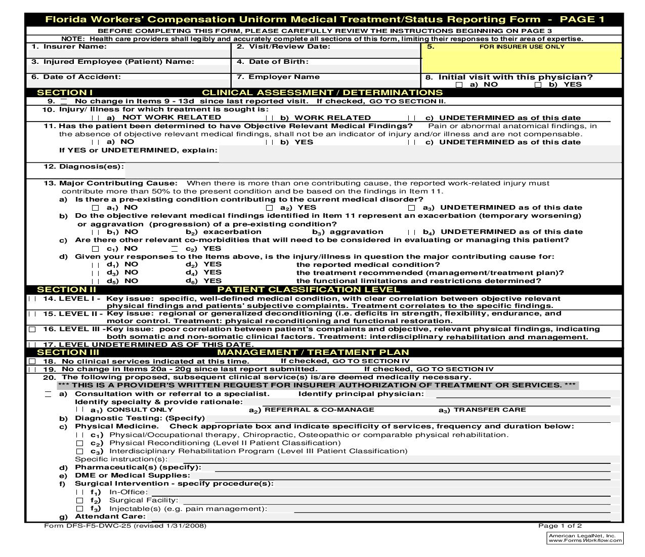 Florida Workers Compensation Uniform Medical Treatment-Status Report Form {DWC-25} | Pdf Fpdf Doc Docx | Florida