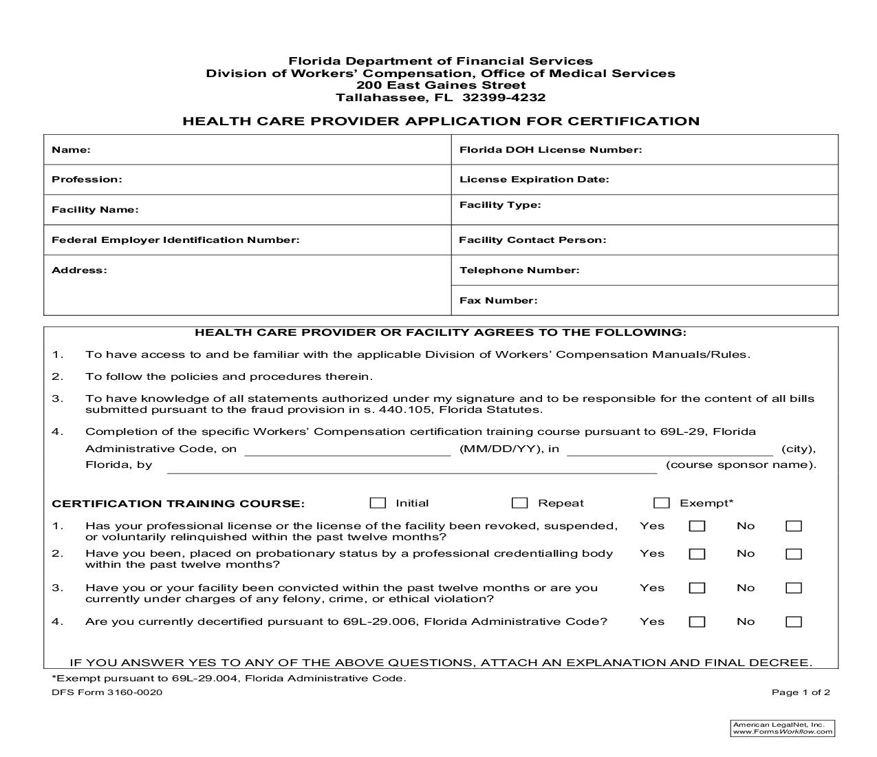 Health Care Provider Application For Certification {DFS Form 3160-0020} | Pdf Fpdf Doc Docx | Florida