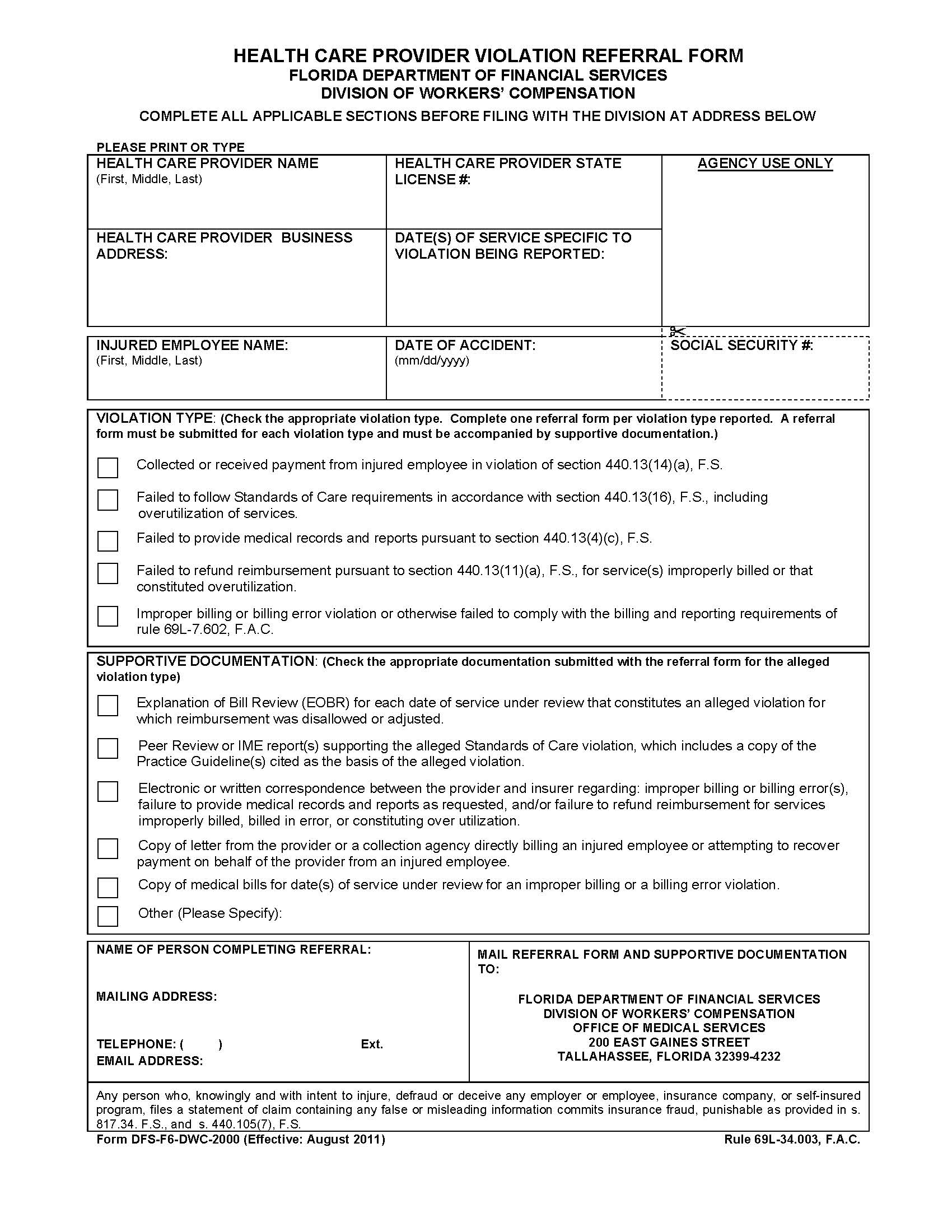 Health Care Provider Violation Referral Form {DWC-2000} | Pdf Fpdf Doc Docx | Florida