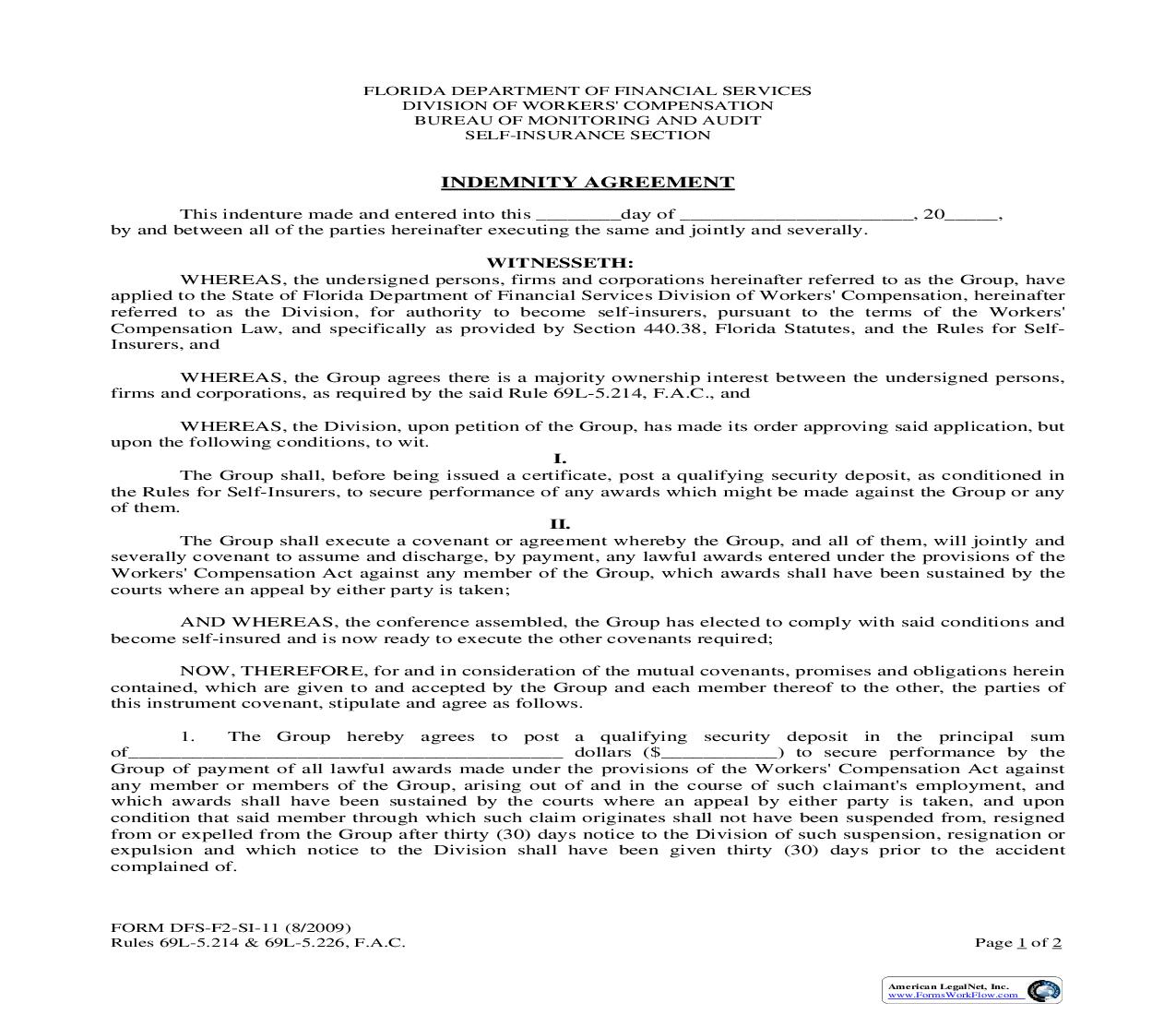 Indemnity Agreement {SI-11} | Pdf Fpdf Doc Docx | Florida