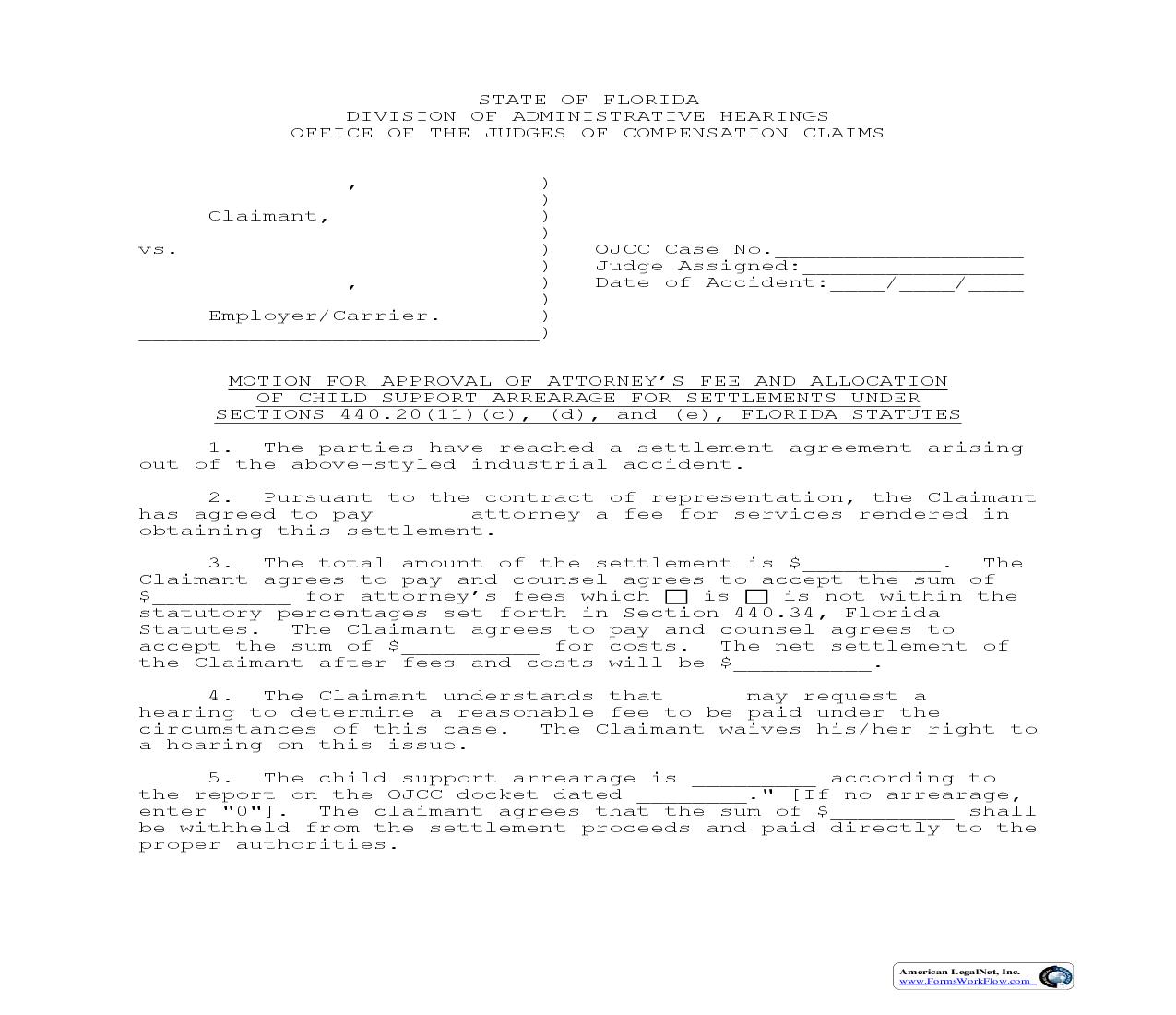 Motion For Approval Of Attorneys Fee And Allocation Of Chid Support Arrearage | Pdf Fpdf Doc Docx | Florida