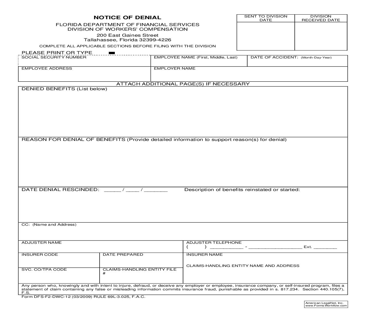 Notice of Denial {DWC-12} | Pdf Fpdf Doc Docx | Florida