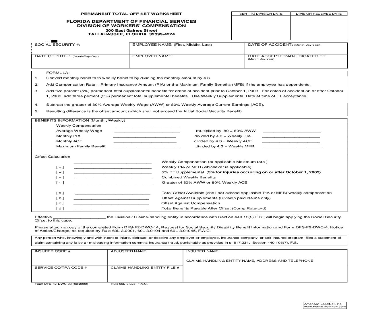 Permanent Total Off-Set Worksheet {DWC-33} | Pdf Fpdf Doc Docx | Florida