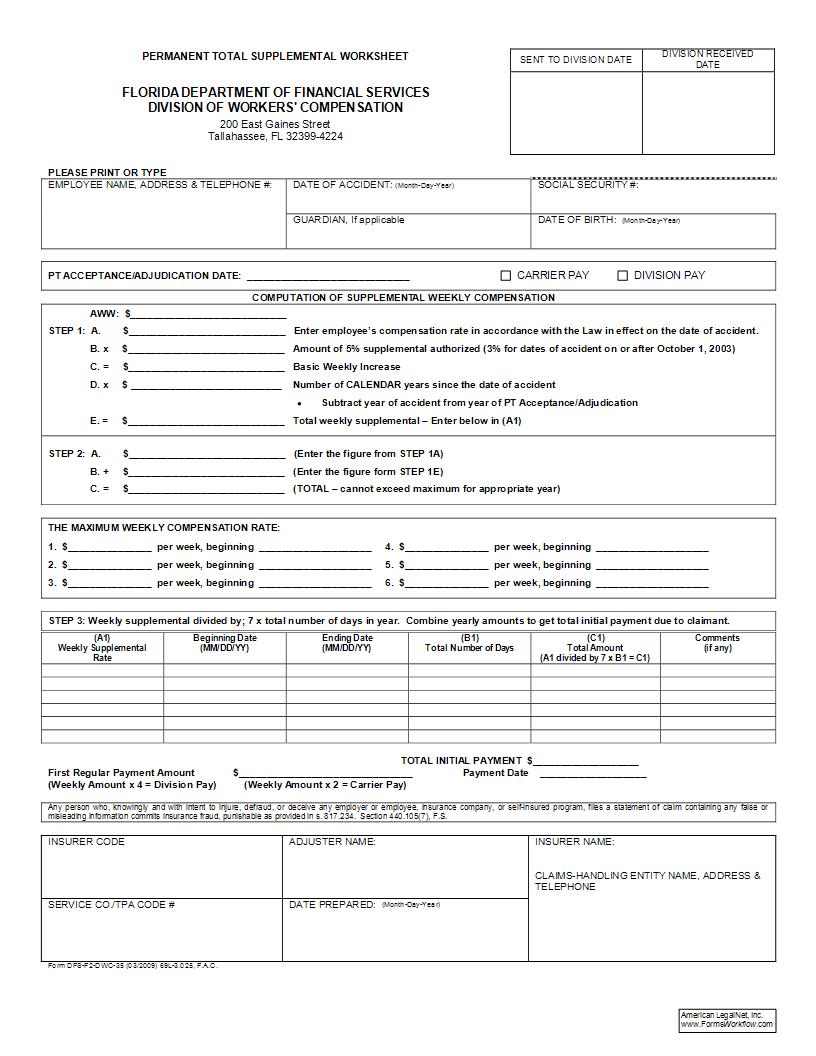 Permanent Total Supplemental Worksheet {DWC-35} | Pdf Fpdf Doc Docx | Florida