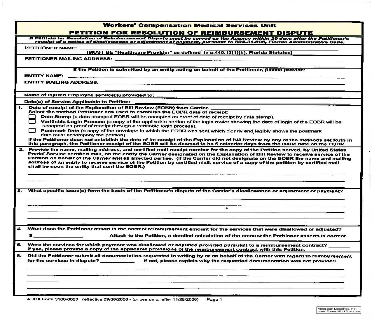 Petition For Resolution Of Reimbursement Dispute {DFS Form 3160-0023} | Pdf Fpdf Doc Docx | Florida