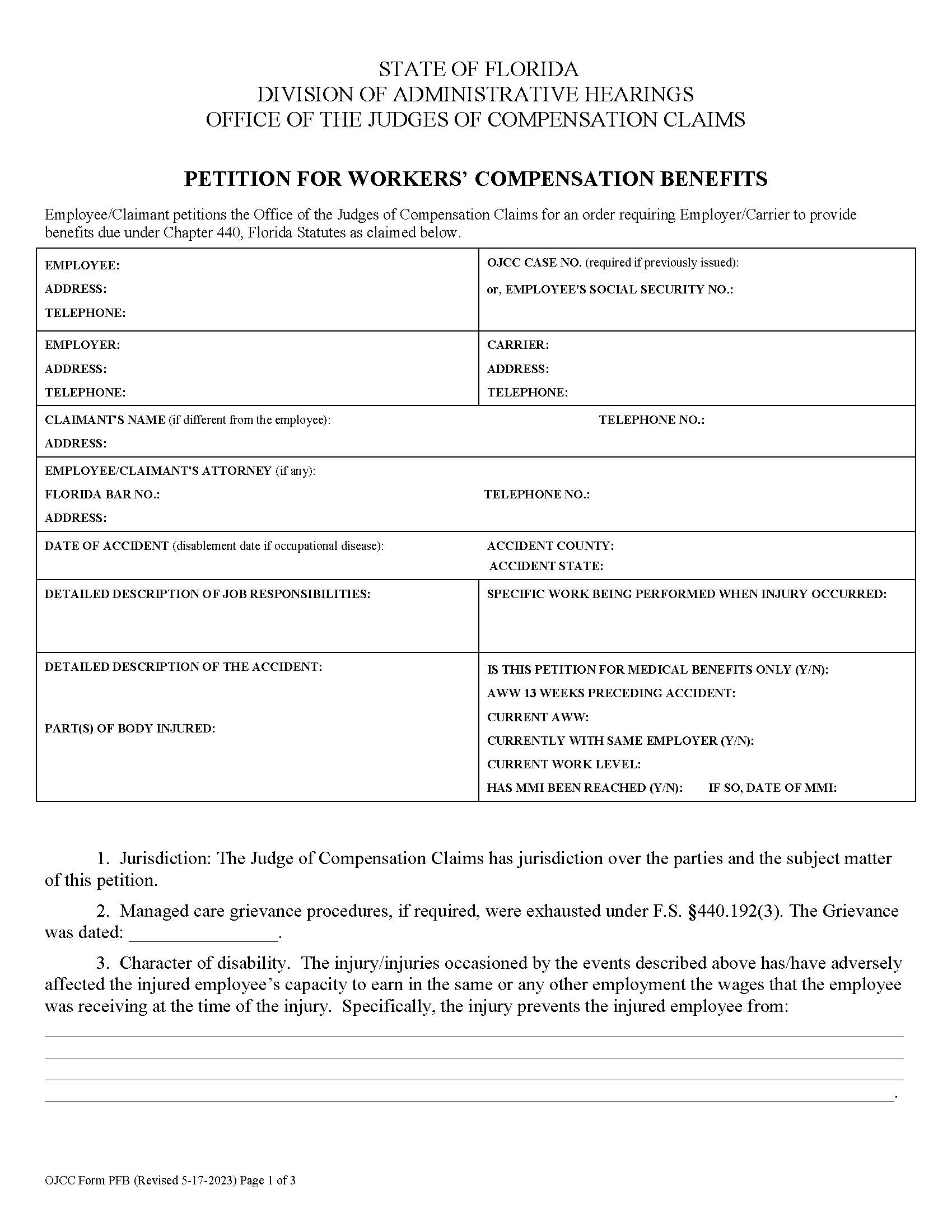 Petition For Workers Compensation Benefits {PFB} | Pdf Fpdf Doc Docx | Florida