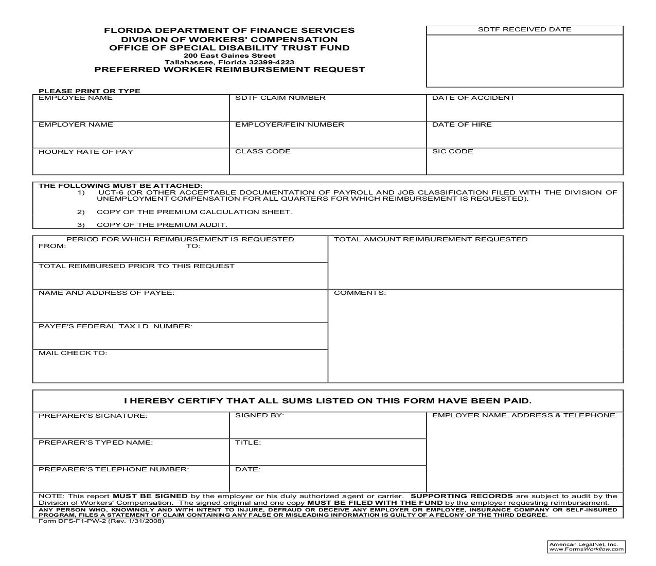 Preferred Worker Reimbursement Request {PW-2} | Pdf Fpdf Doc Docx | Florida