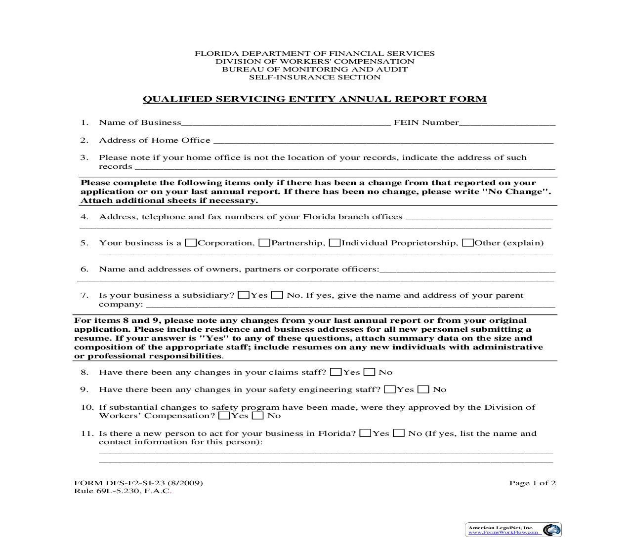 Qualified Servicing Entity Annual Report Form {SI-23} | Pdf Fpdf Doc Docx | Florida