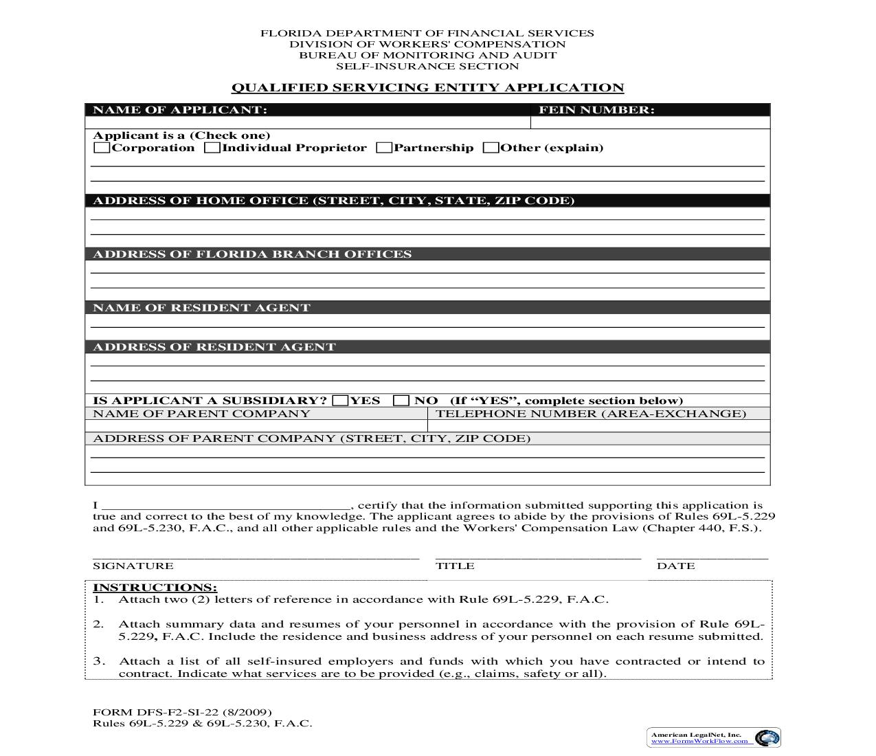 Qualified Servicing Entity Application {SI-22} | Pdf Fpdf Doc Docx | Florida