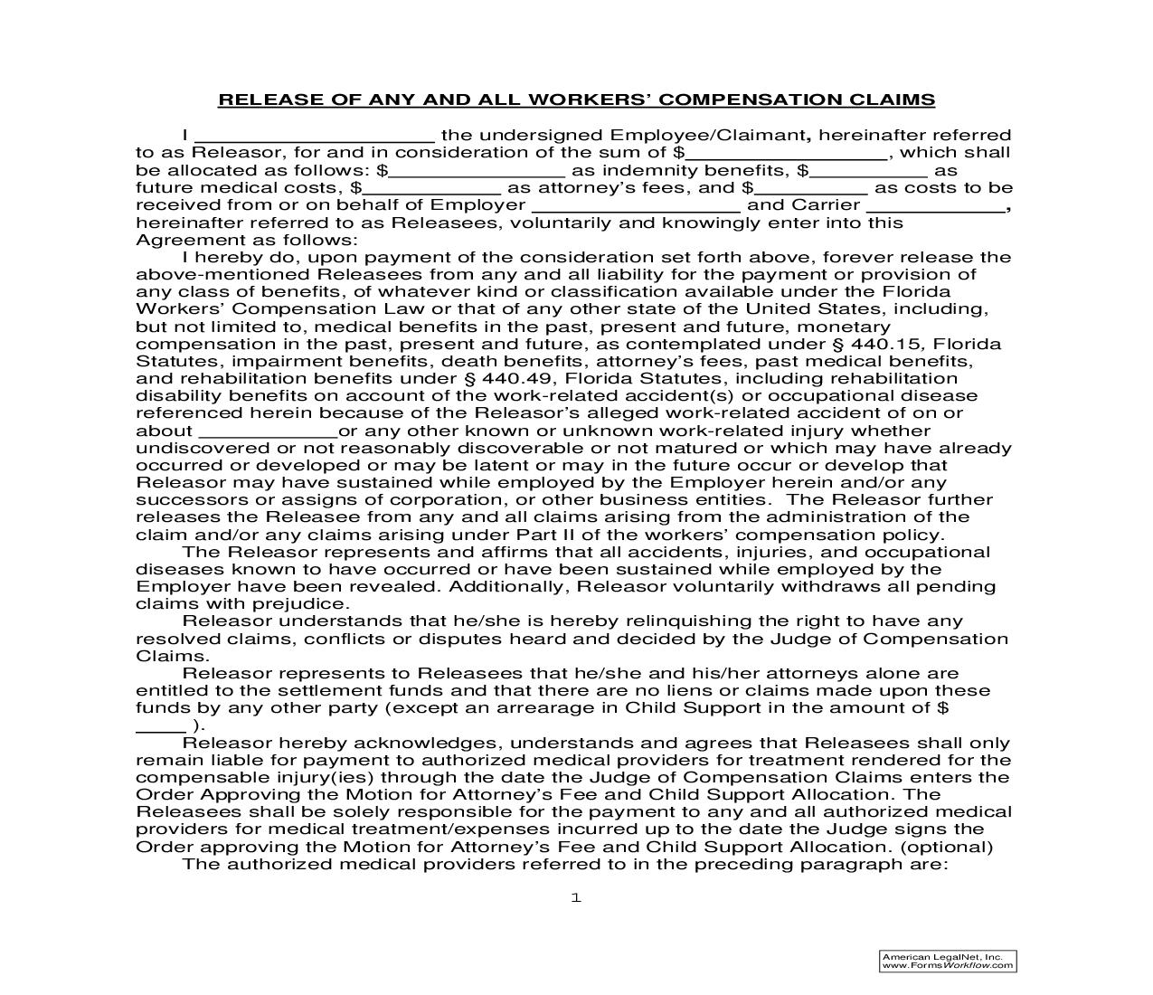 Release Of Any And All Workers Compensation Claims | Pdf Fpdf Doc Docx | Florida
