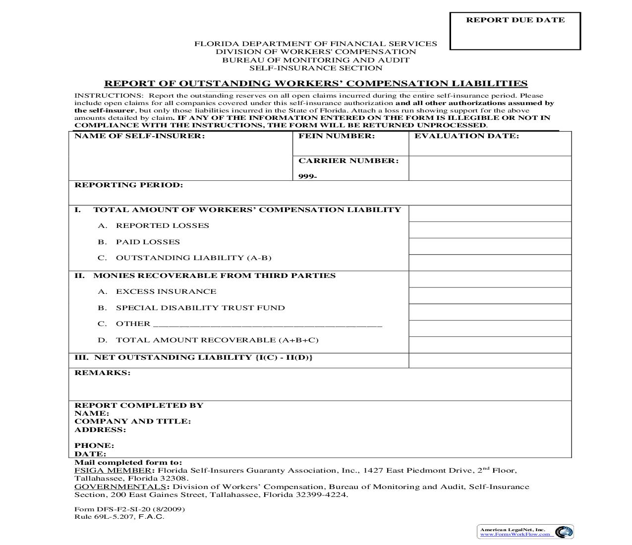 Report Of Outstanding Workers Compensation Liabilities {SI-20} | Pdf Fpdf Doc Docx | Florida