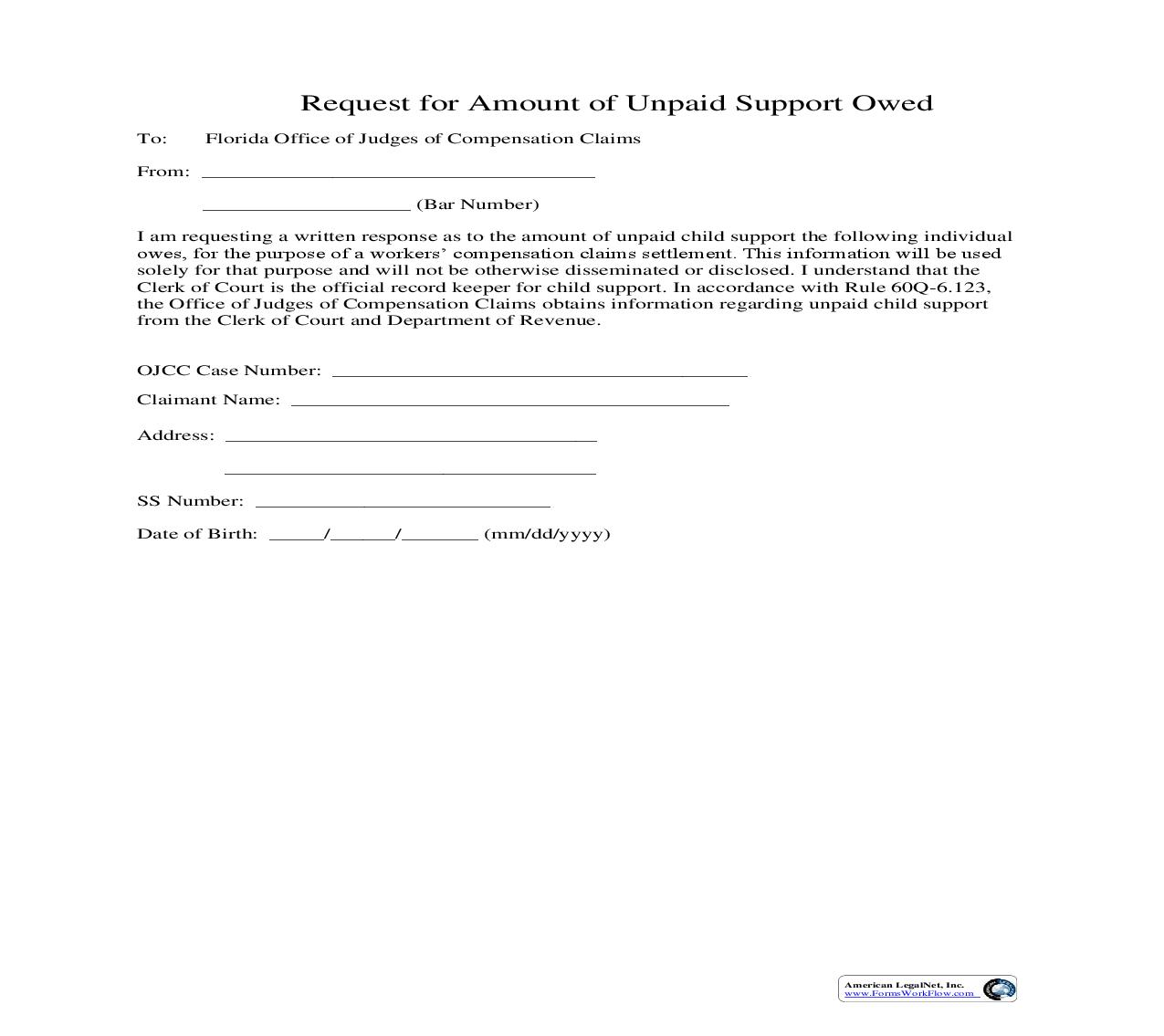 Request For Amount Of Unpaid Support Owed | Pdf Fpdf Doc Docx | Florida