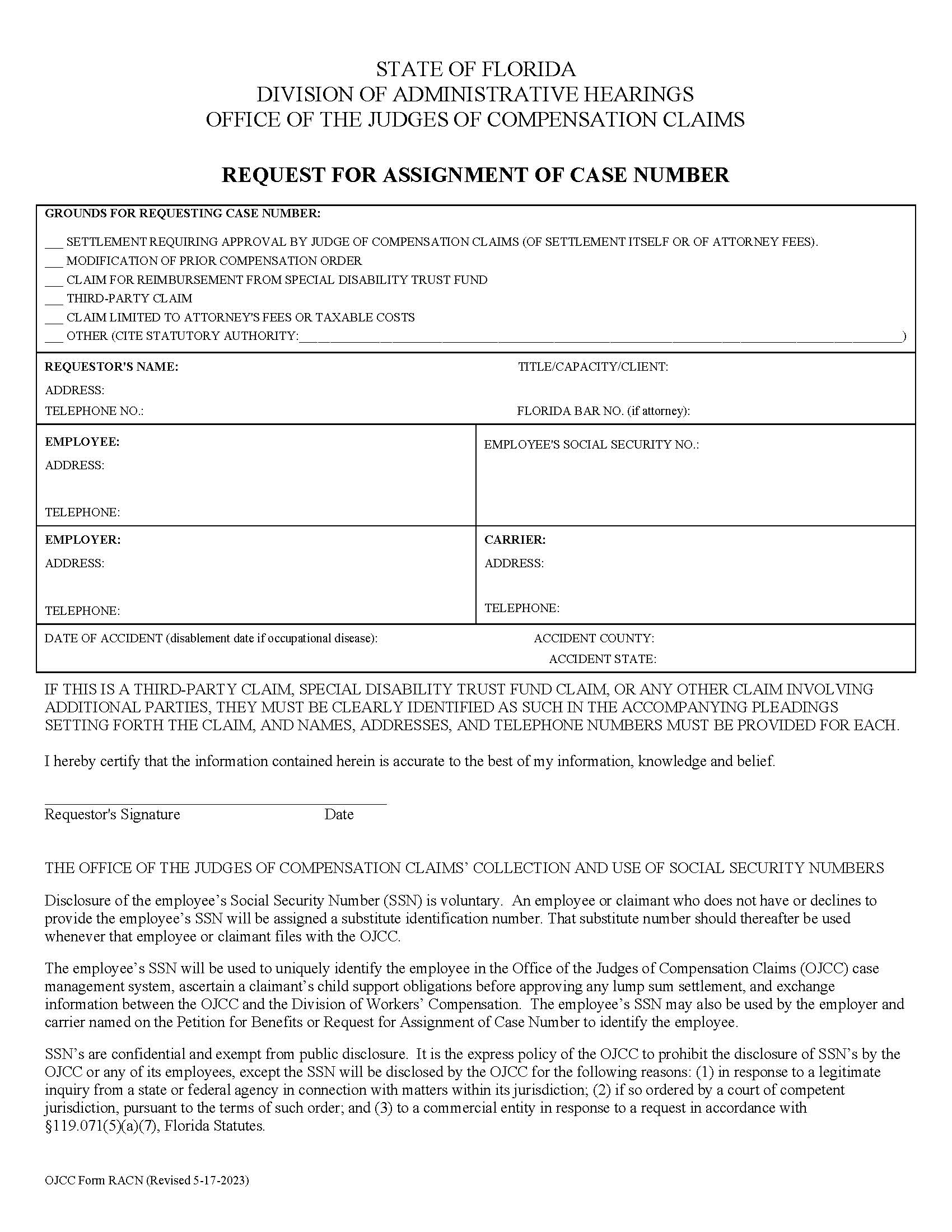 Request For Assignment Of Case Number | Pdf Fpdf Doc Docx | Florida