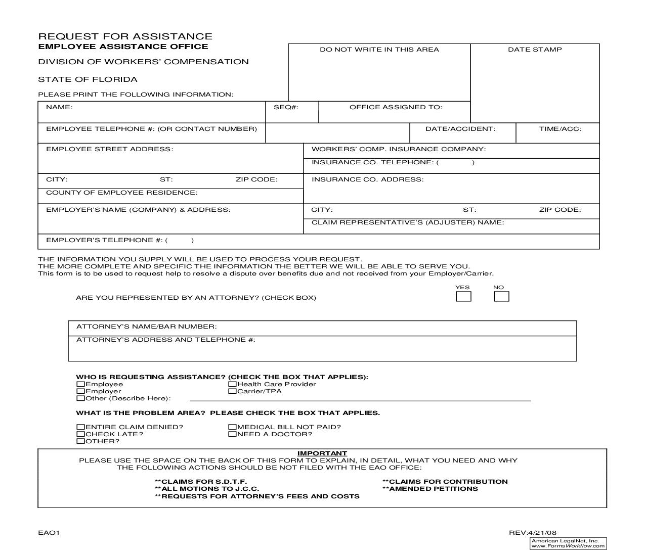 Request For Assistance (Employee Assistance Office) {EAO-1} | Pdf Fpdf Doc Docx | Florida