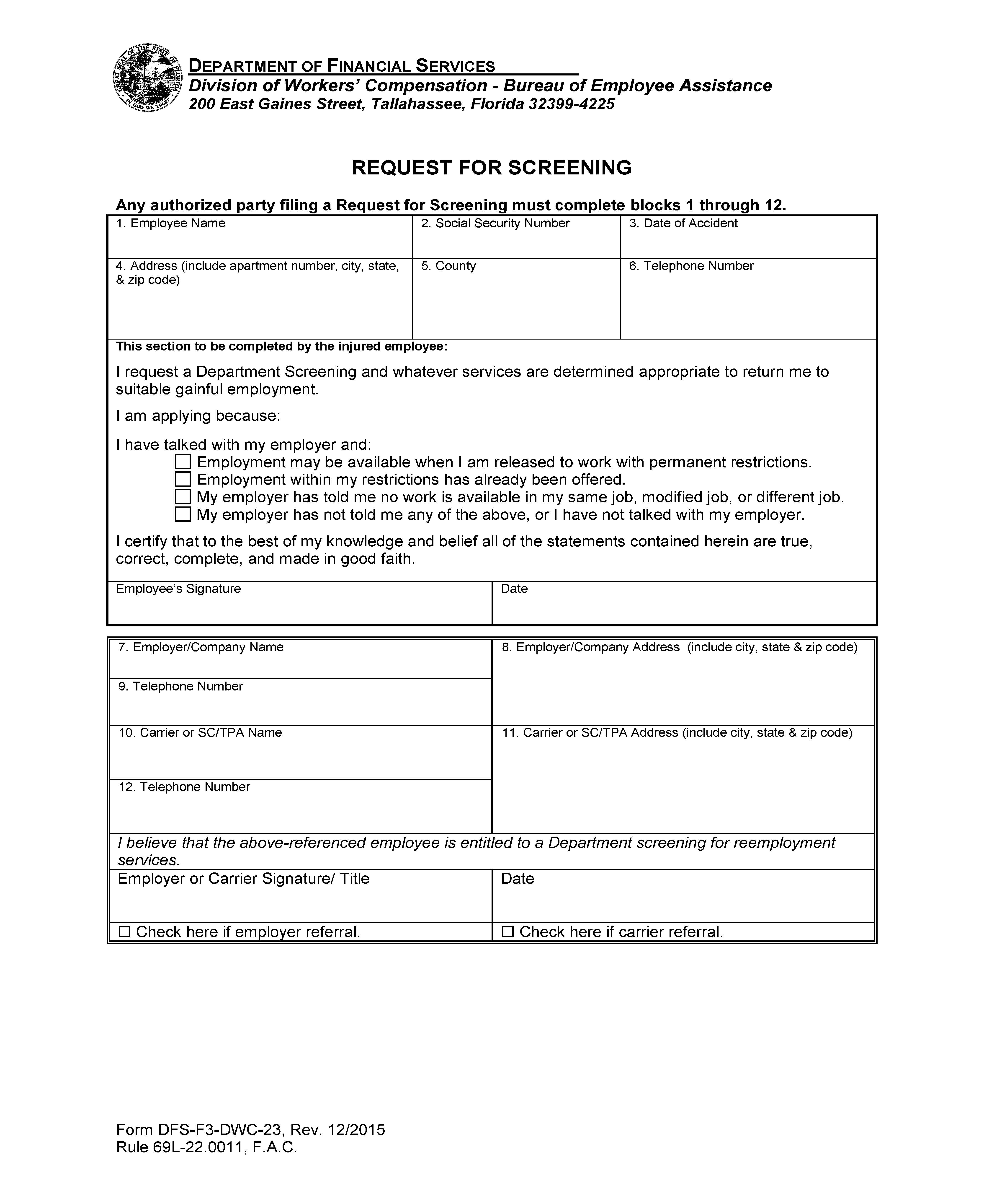 Request For Screening {DWC-23} | Pdf Fpdf Doc Docx | Florida