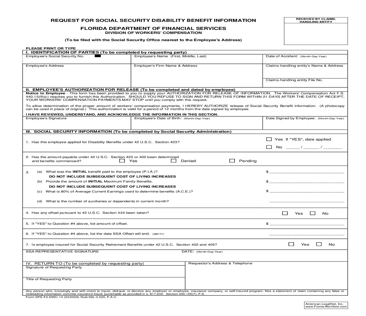 Request For Social Security Disability Benefit Information {DWC-14} | Pdf Fpdf Doc Docx | Florida