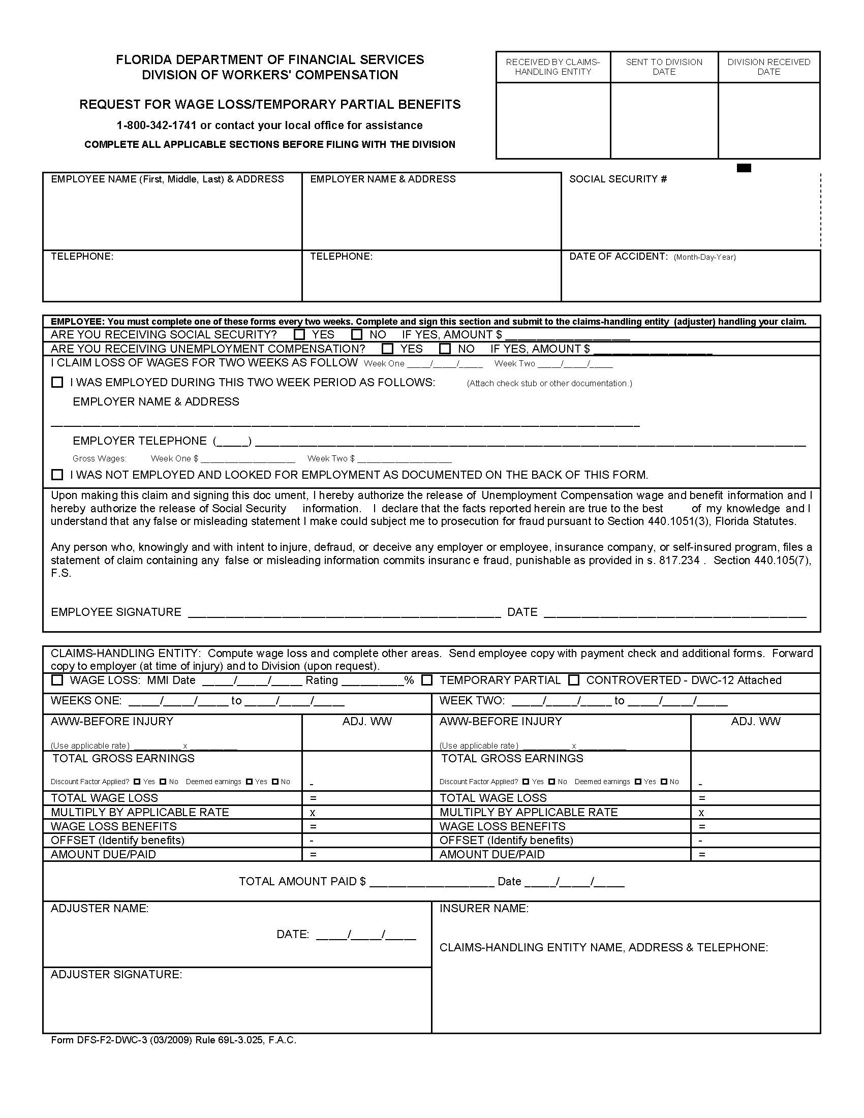 Request For Wage Loss-Temporary Partial Benefits {DWC-3} | Pdf Fpdf Doc Docx | Florida