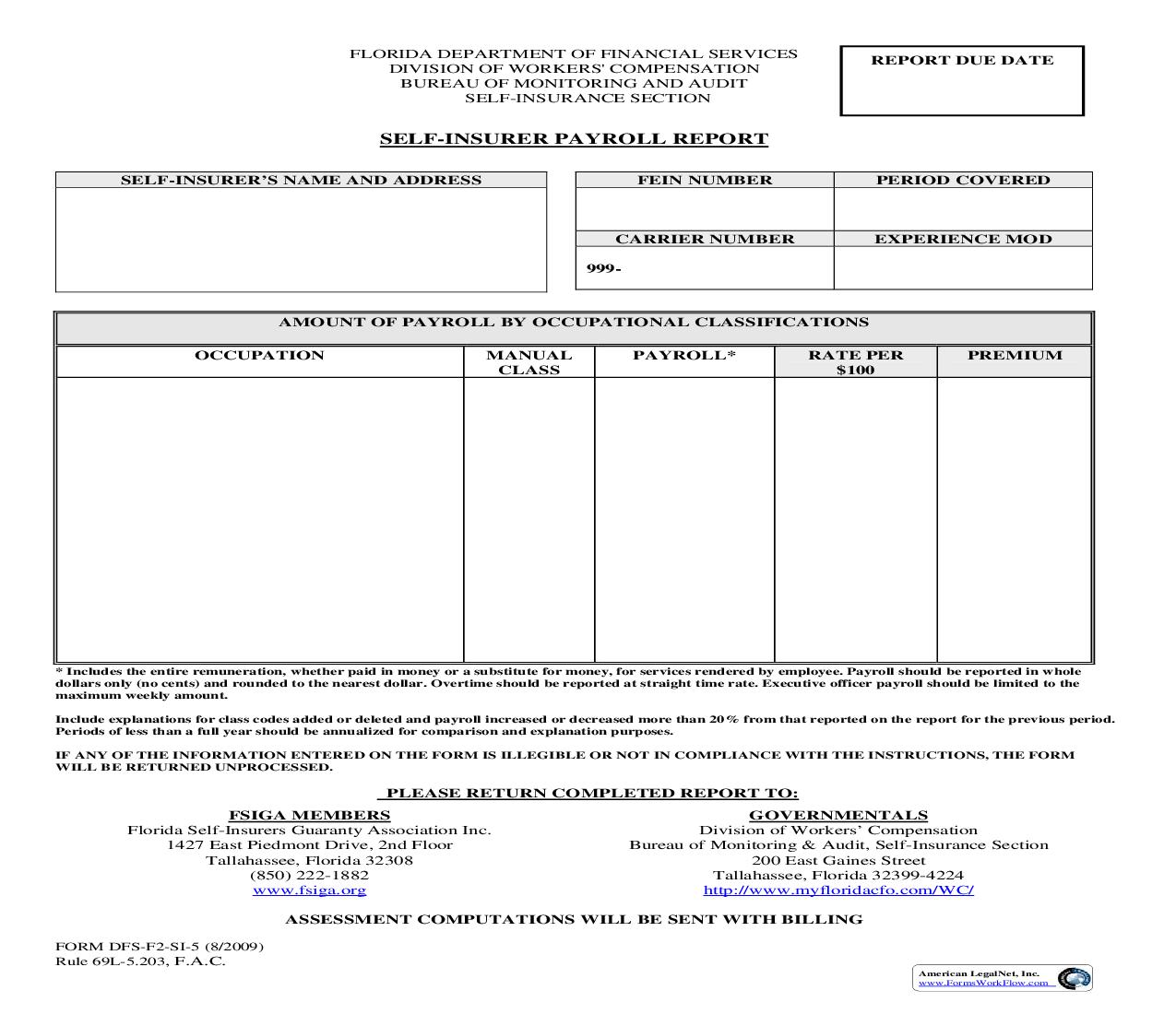 Self-Insurer Payroll Report {SI-5} | Pdf Fpdf Doc Docx | Florida