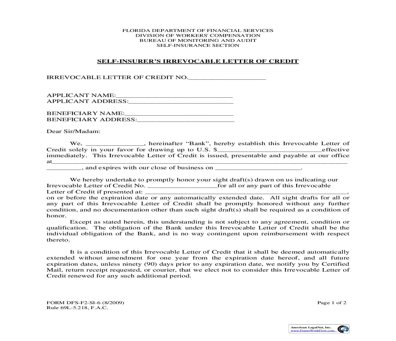Self-Insurers Irrevocable Letter Of Credit {SI-6} | Pdf Fpdf Doc Docx | Florida