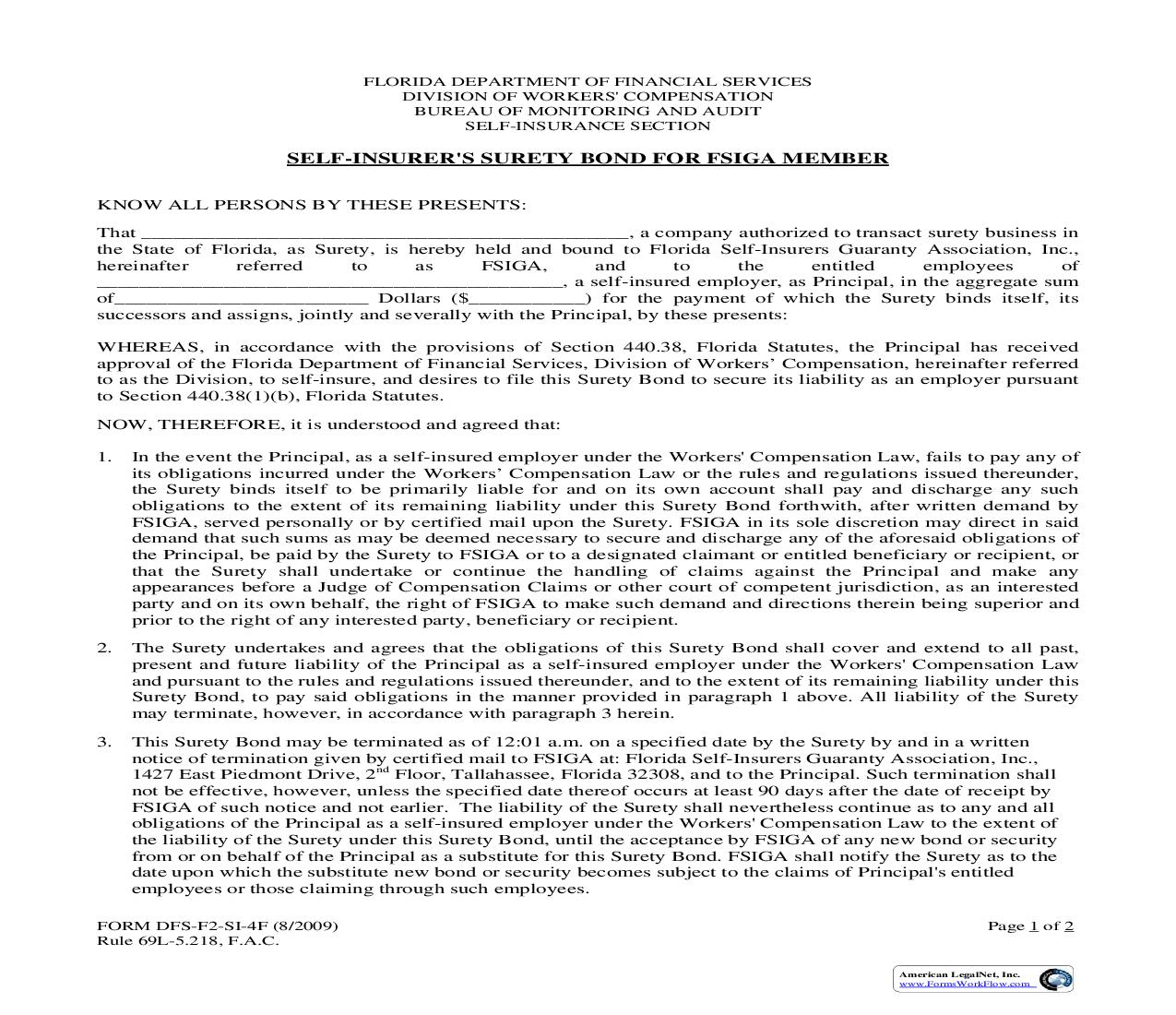 Self-Insurers Surety Bond For FSIGA Member {SI-4F} | Pdf Fpdf Doc Docx | Florida
