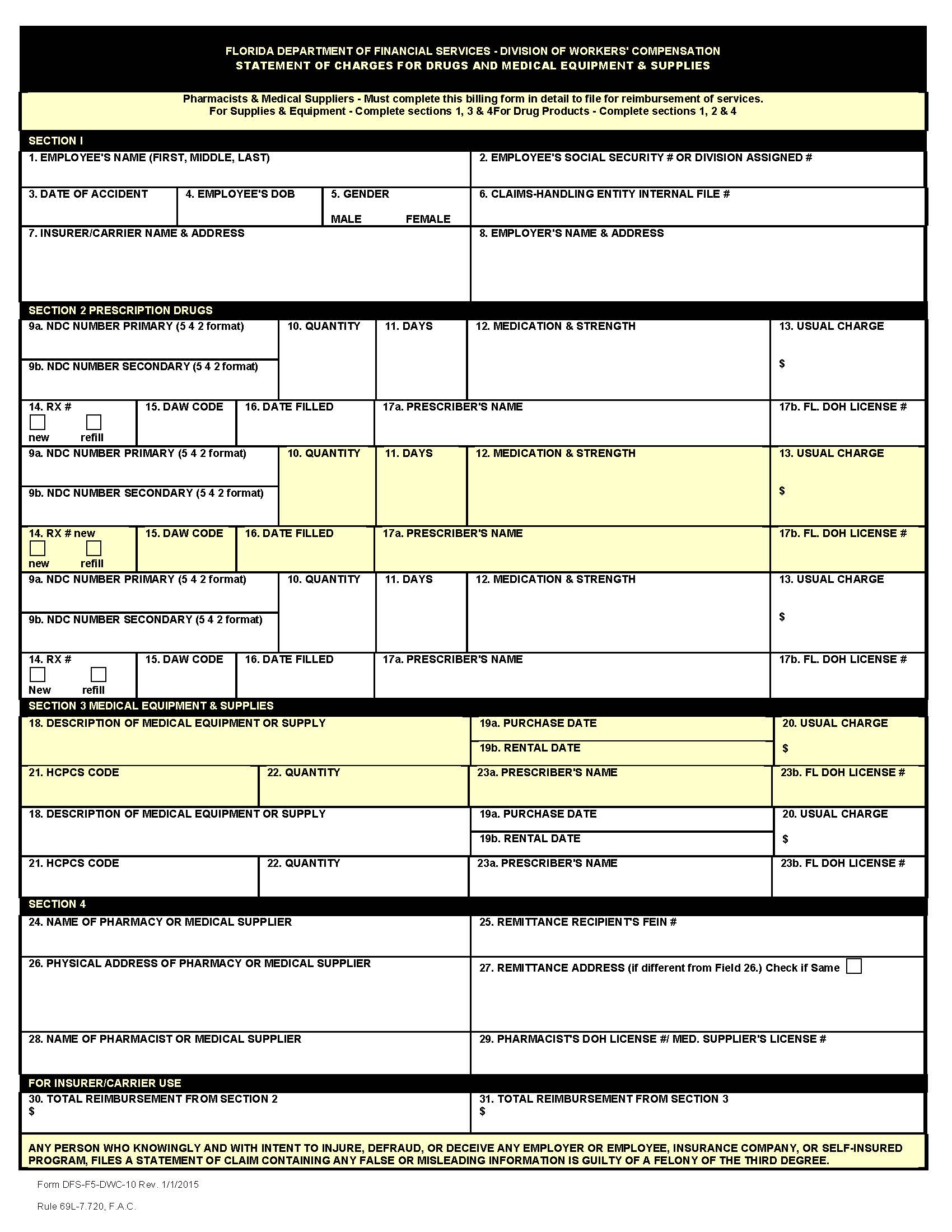 Statement Of Charges For Drugs And Medical Supplies {DWC-10} | Pdf Fpdf Doc Docx | Florida