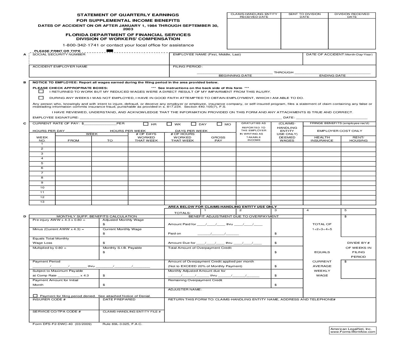 Statement Of Quarterly Earnings {DWC-40} | Pdf Fpdf Doc Docx | Florida