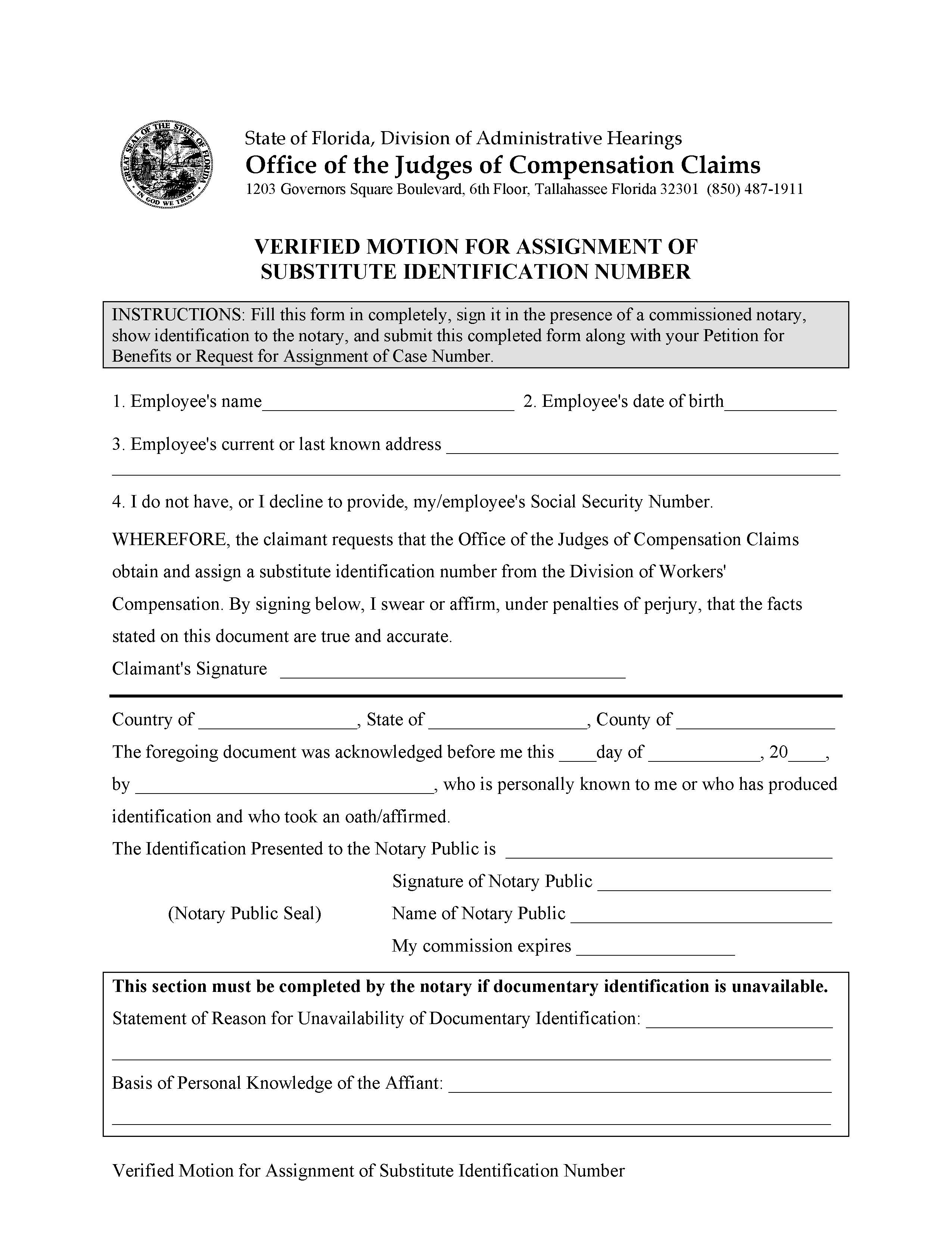 Verified Motion For Assignment Of Substitute Identification Number | Pdf Fpdf Doc Docx | Florida