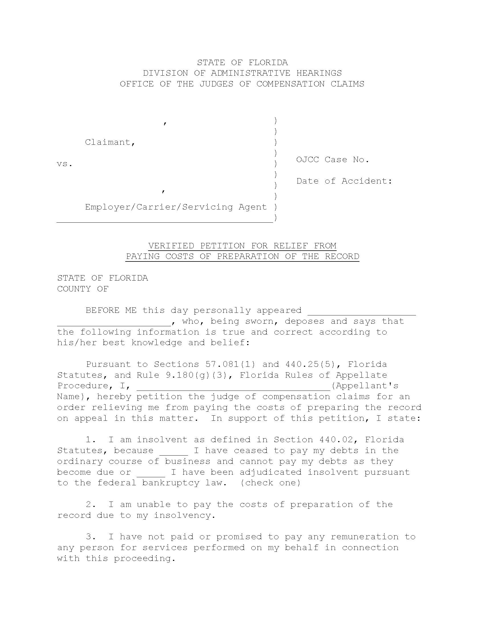 Verified Petition For Relief From Paying Costs | Pdf Fpdf Doc Docx | Florida