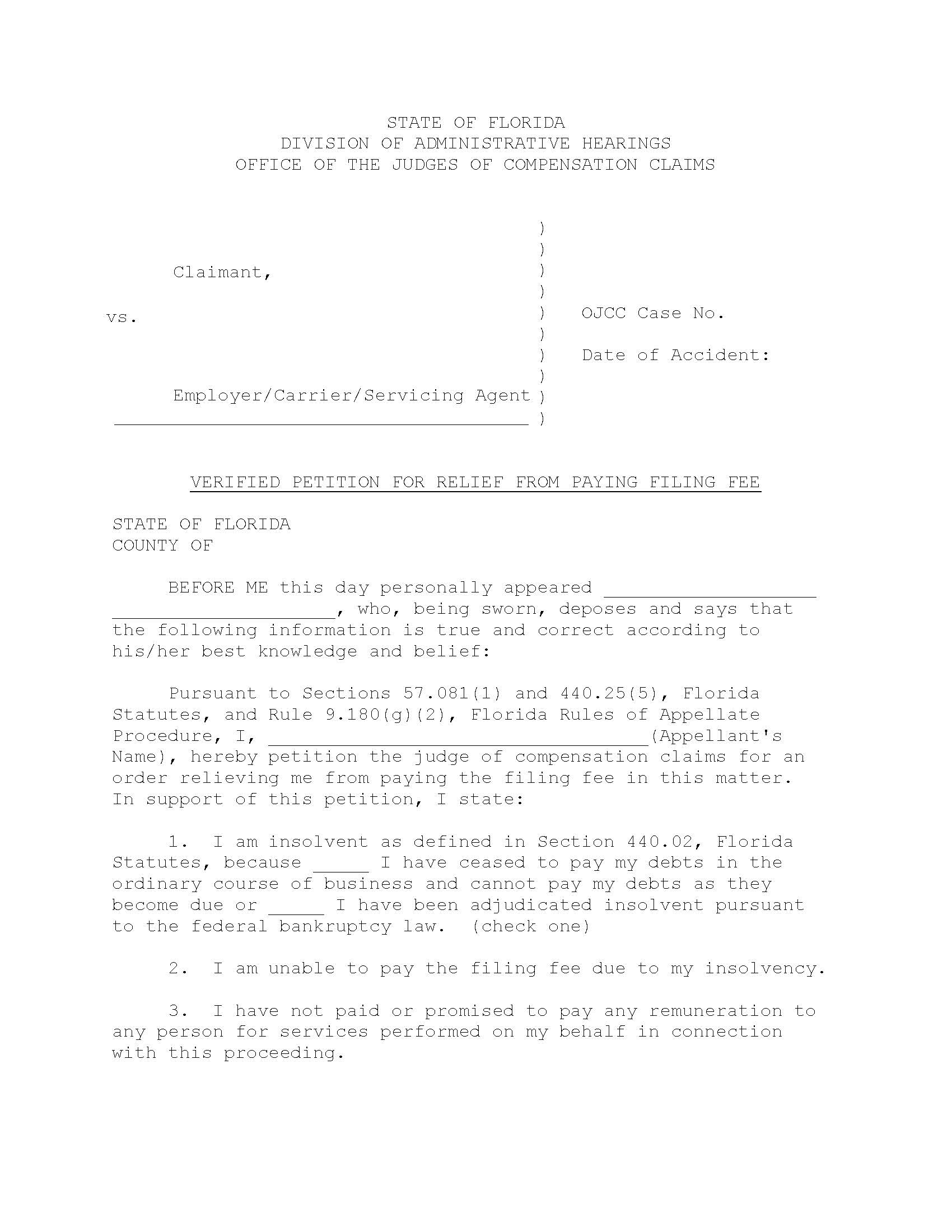 Verified Petition For Relief From Paying Filing Fee | Pdf Fpdf Doc Docx | Florida