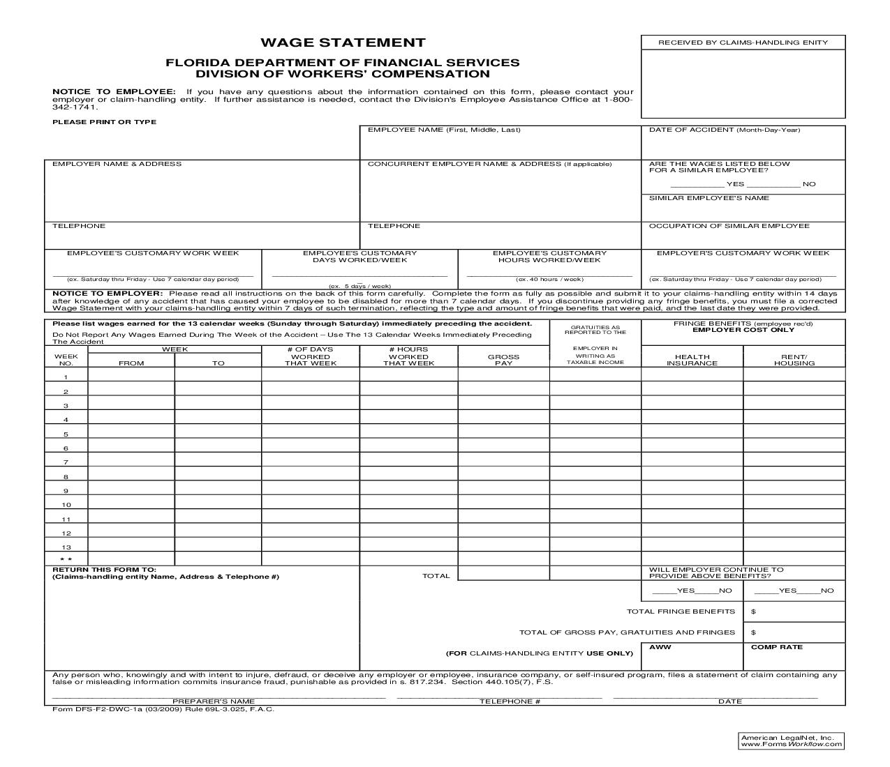 Wage Statement {DWC-1a} | Pdf Fpdf Doc Docx | Florida