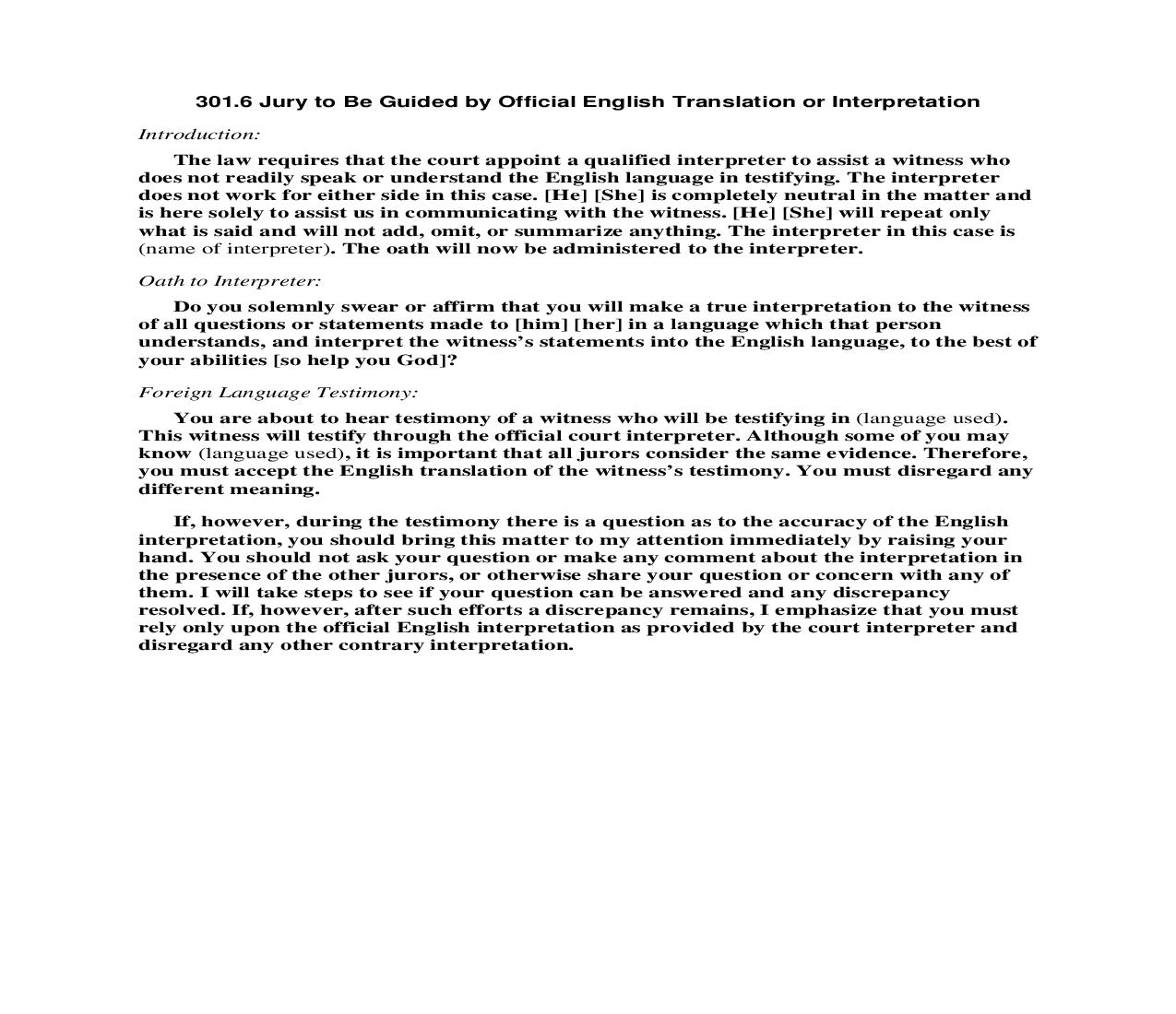 301.6 Jury to Be Guided by Official English Translation or Interpretation | Pdf Doc Docx | Florida_JI