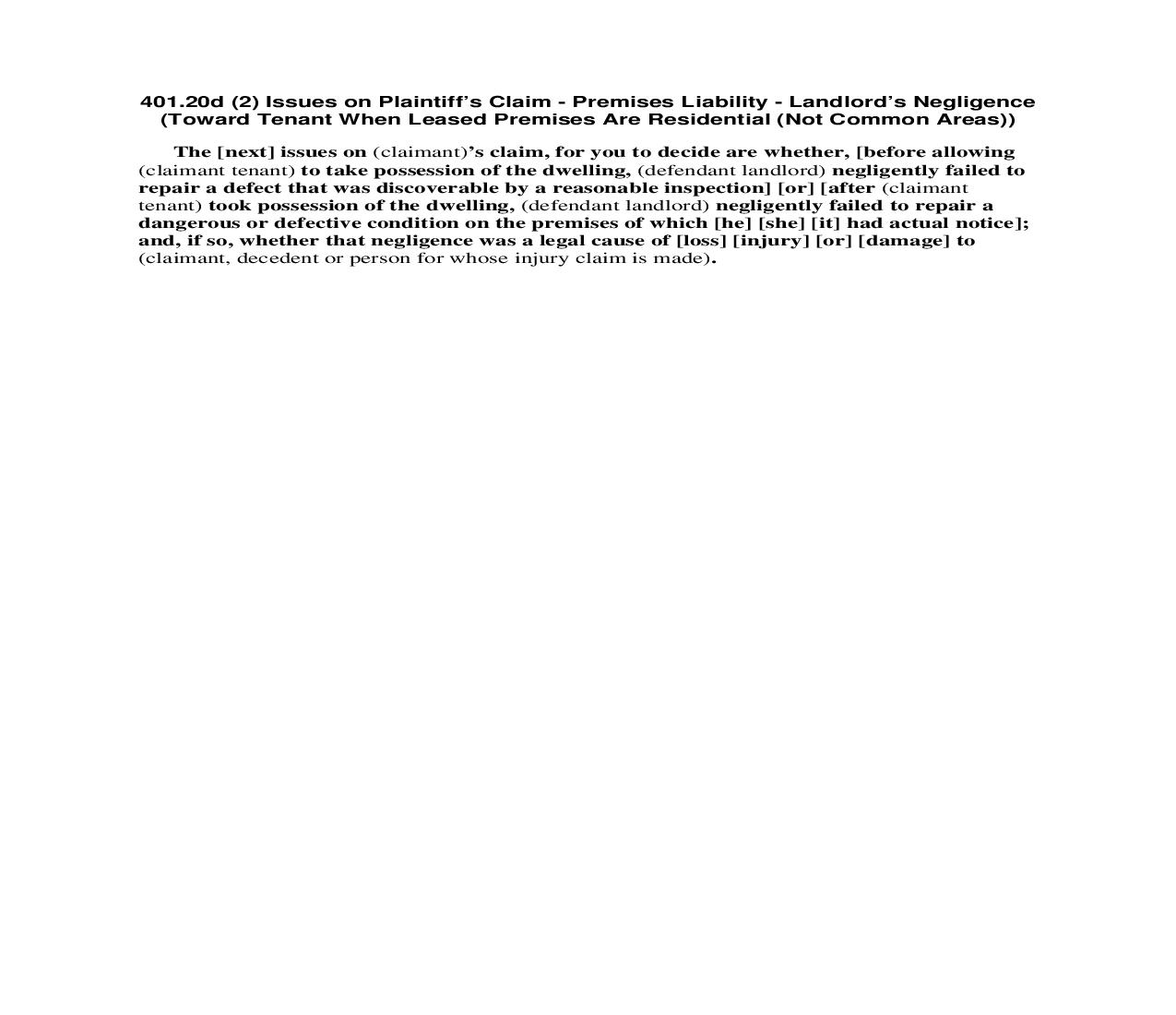 401.20d (2) Issues on Plaintiffs Claim - Premises Liability - Landlords Negligence (Toward Tenant - Residential) | Pdf Doc Docx | Florida_JI