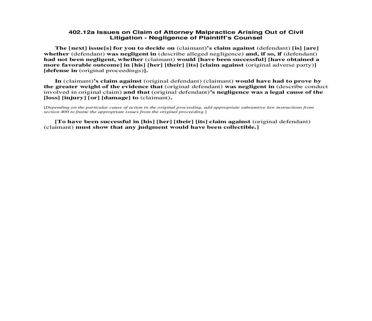 402.12a Issues on Claim of Attorney Malpractice Arising Out of Civil Litigation - Negligence of Plaintiffs Counsel | Pdf Doc Docx | Florida_JI