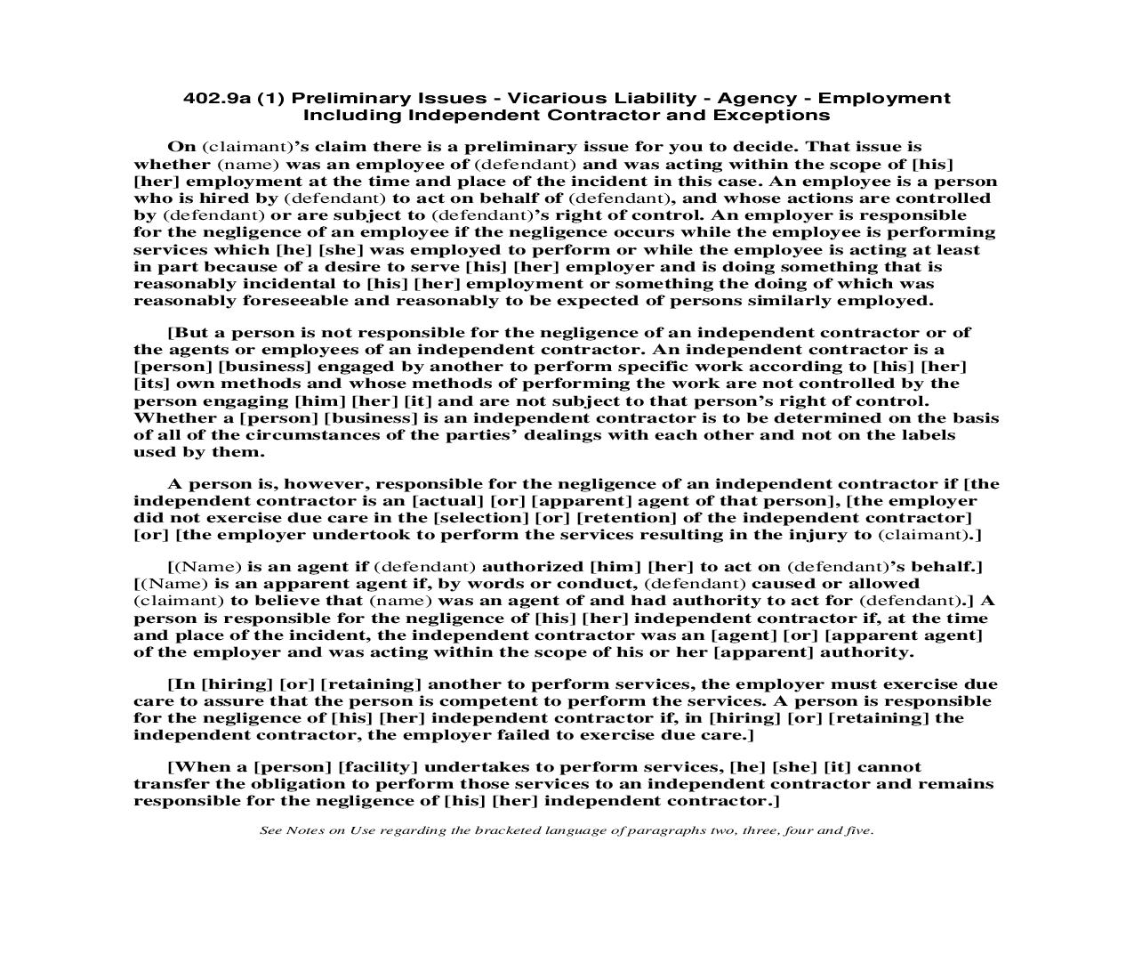 402.9a (1) Preliminary Issues - Vicarious Liability - Agency - Independent Contractor and Exceptions | Pdf Doc Docx | Florida_JI