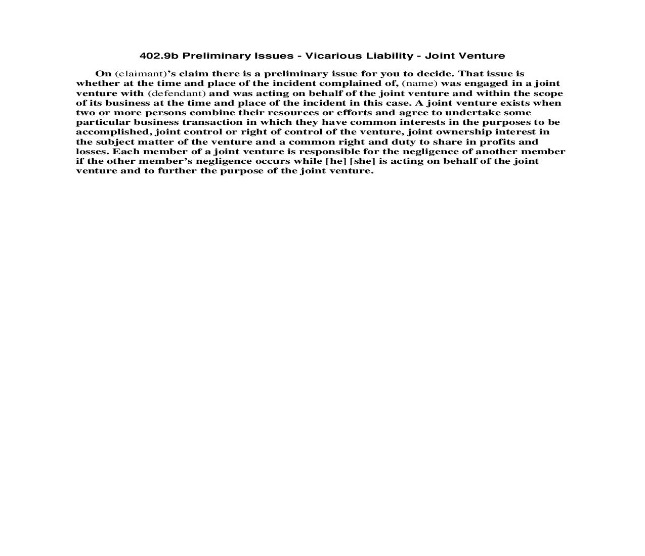 402.9b Preliminary Issues - Vicarious Liability - Joint Venture  | Pdf Doc Docx | Florida_JI