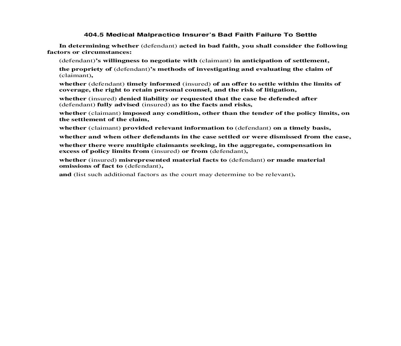 404.5 Medical Malpractice Insurers Bad Faith Failure to Settle | Pdf Doc Docx | Florida_JI