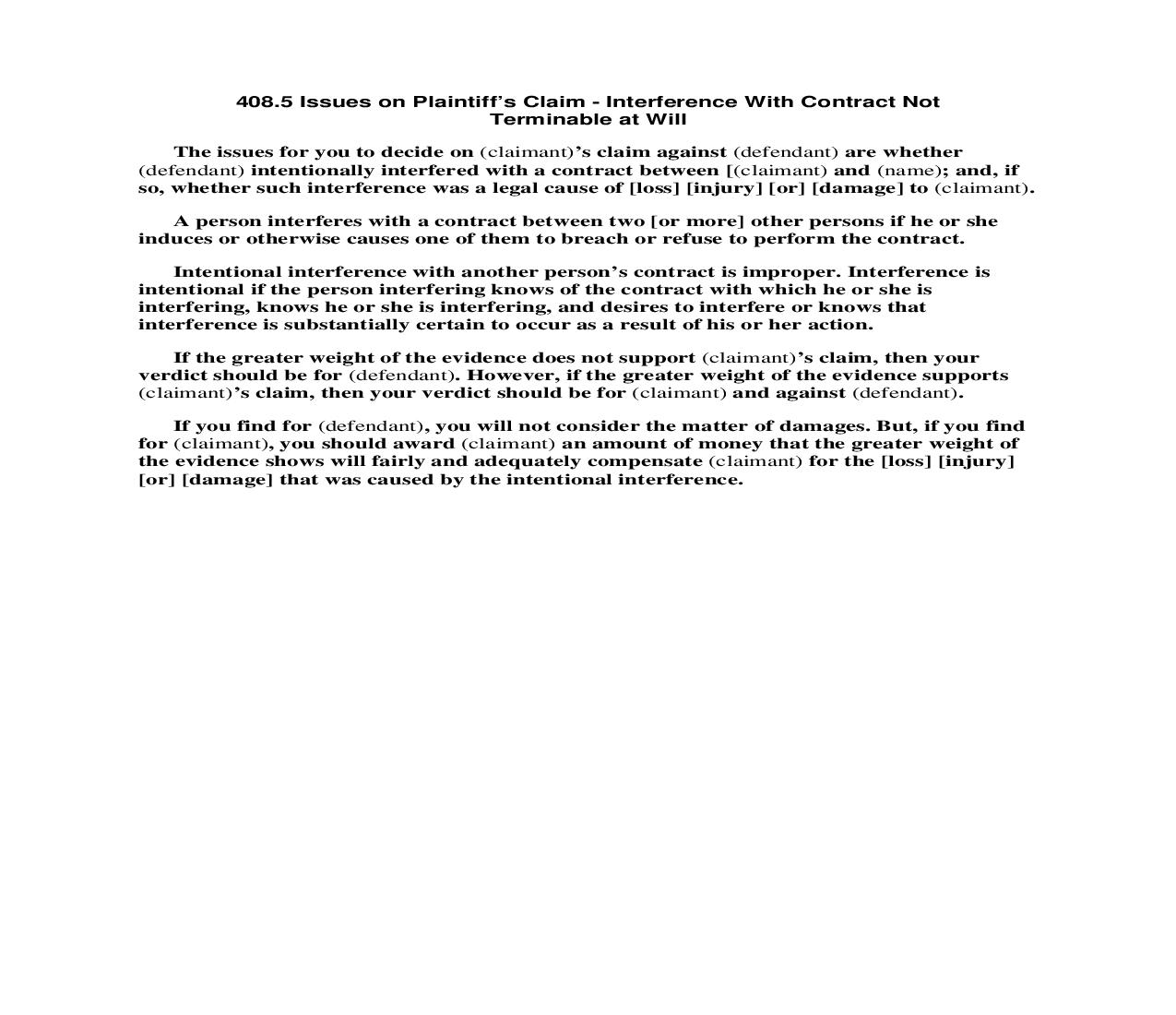 408.5 Issues on Plaintiffs Claim - Interference With Contract Not Terminable at Will | Pdf Doc Docx | Florida_JI