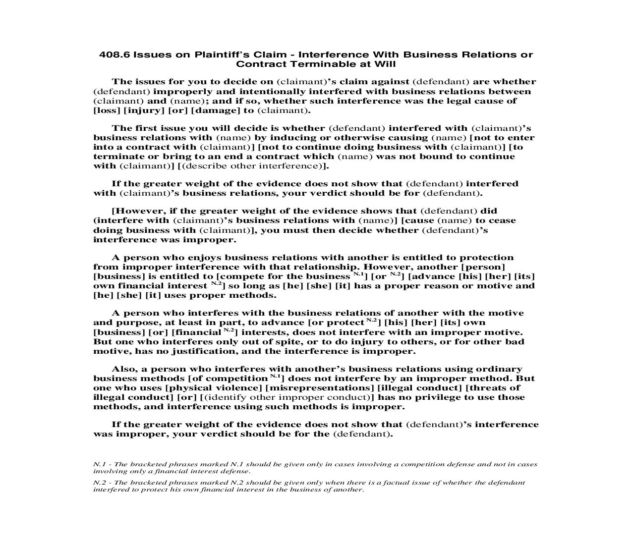 408.6 Issues on Plaintiffs Claim - Interference With Bus. Rels. or Contract Terminable at Will | Pdf Doc Docx | Florida_JI