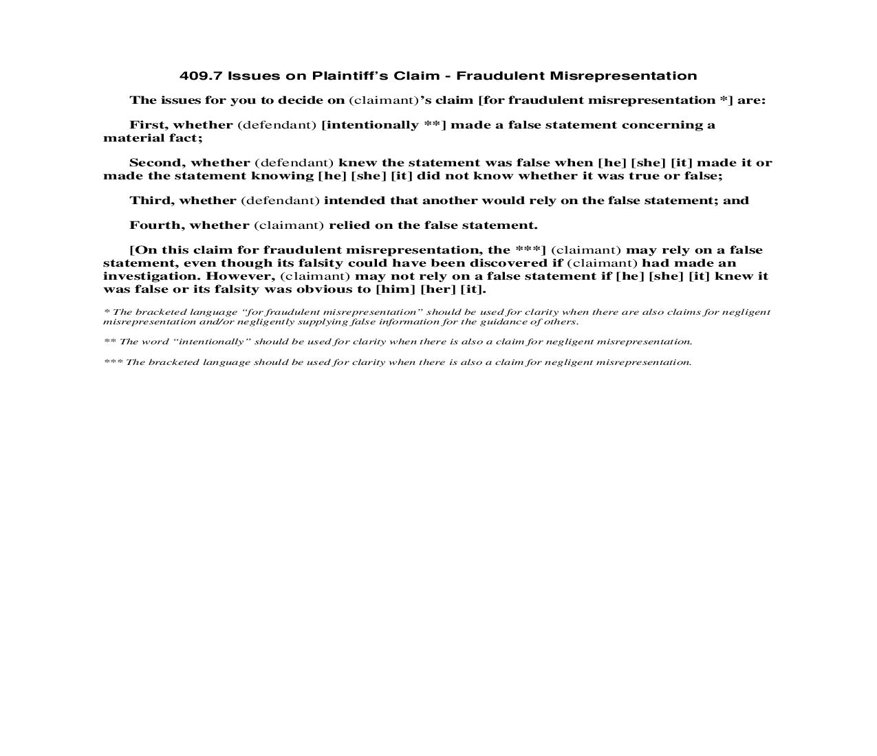 409.7 Issues on Plaintiffs Claim - Fraudulent Misrepresentation | Pdf Doc Docx | Florida_JI