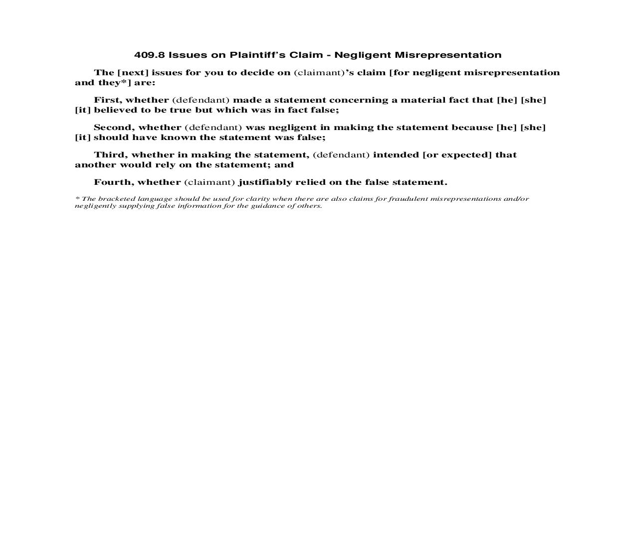 409.8 Issues on Plaintiffs Claim - Negligent Misrepresentation | Pdf Doc Docx | Florida_JI