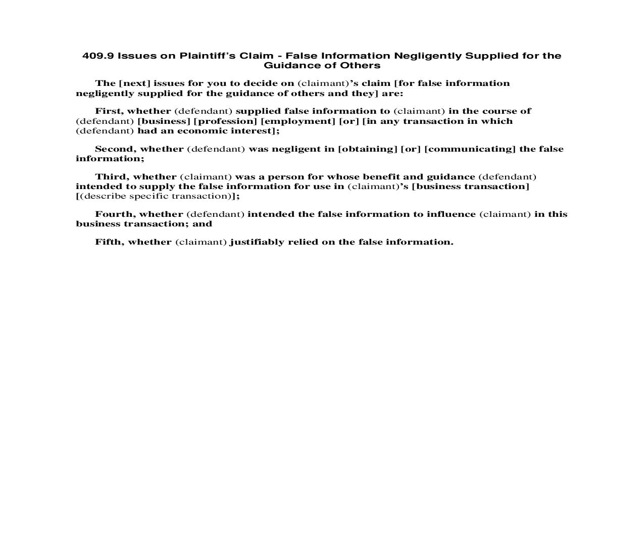 409.9 Issues on Plaintiffs Claim - False Information Negligently Supplied for the Guidance of Others | Pdf Doc Docx | Florida_JI