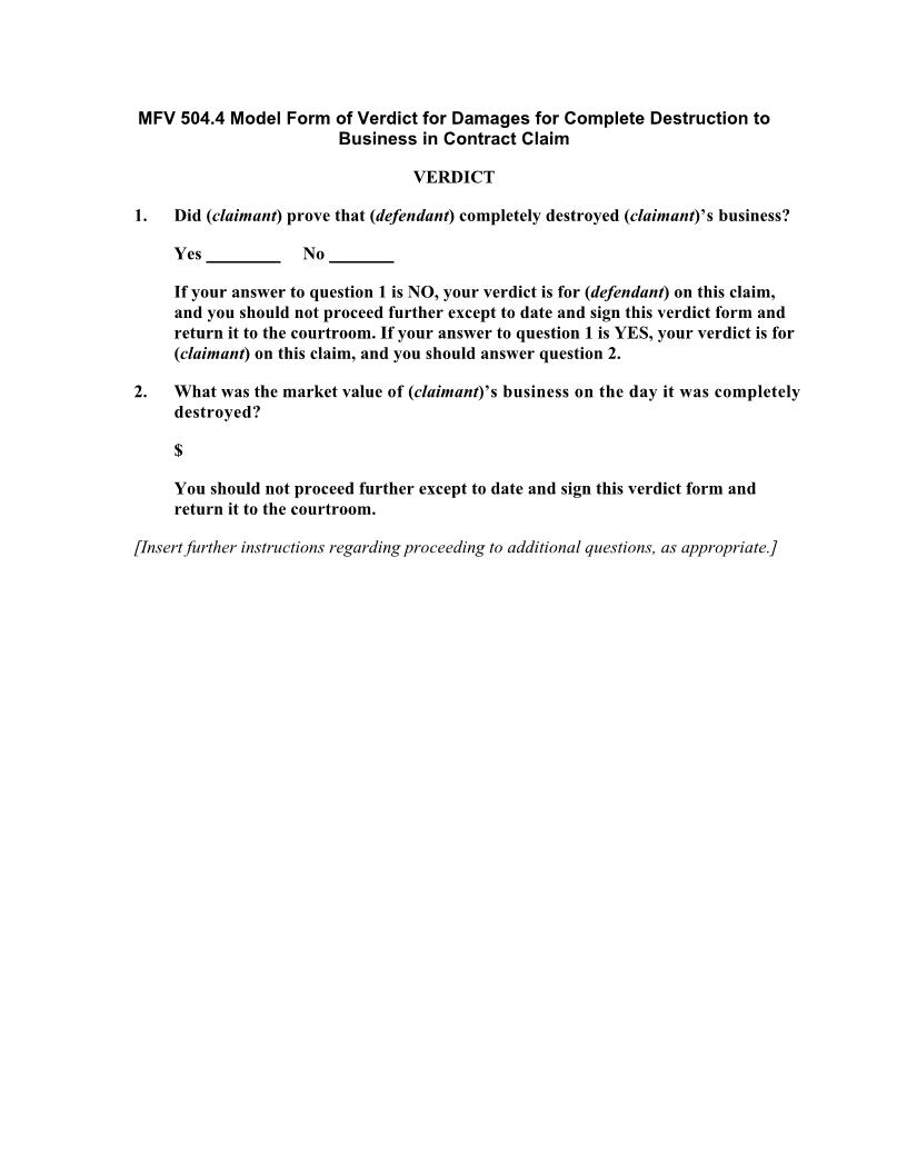 MFV 504.4 Model Verdict Damages Complete Destruction To Business In Contract Claim | Pdf Docx | Florida_JI