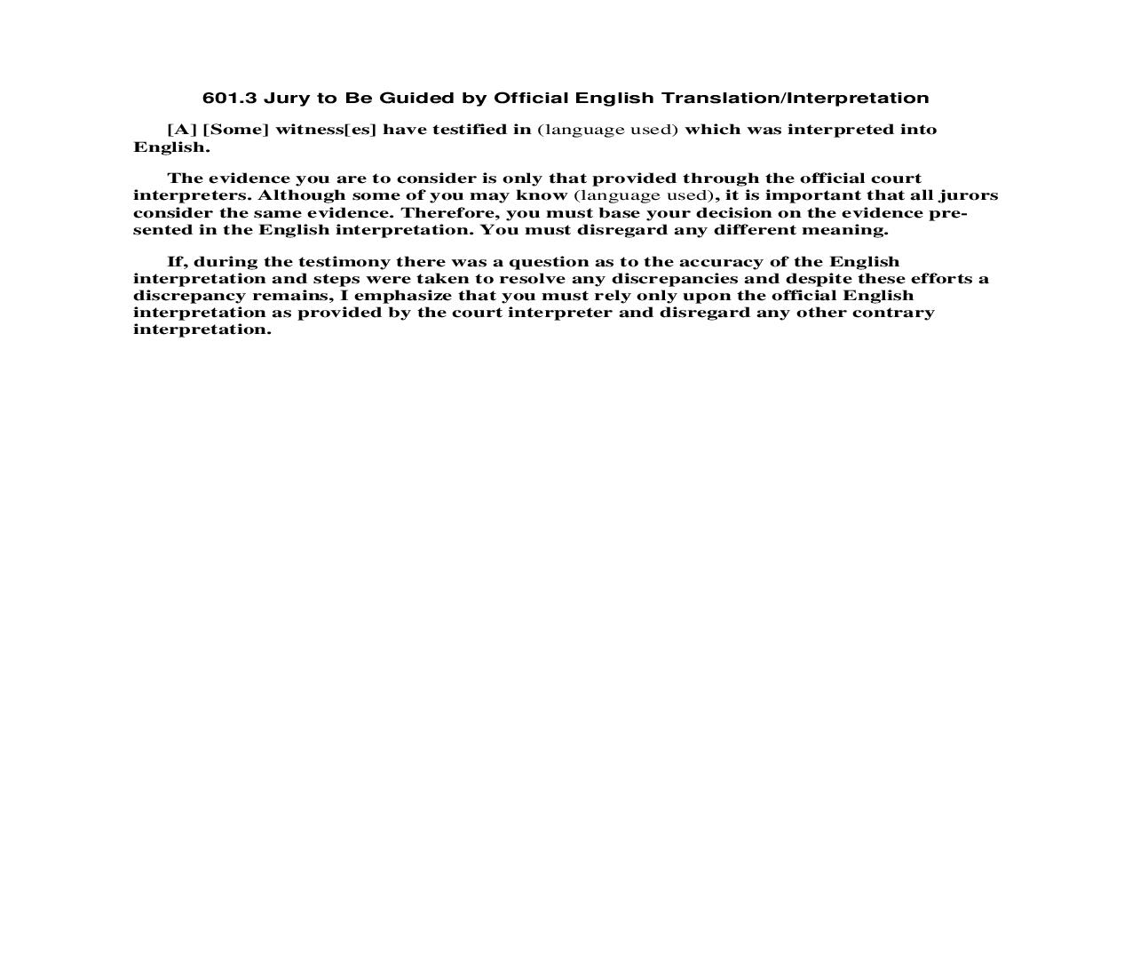 601.3 Jury to Be Guided by Official English Translation or Interpretation | Pdf Doc Docx | Florida_JI