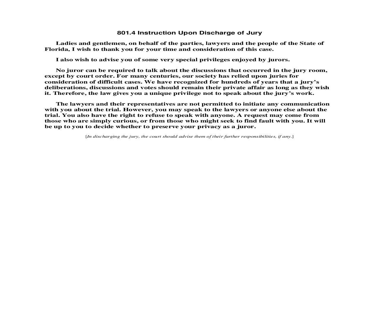 801.4 Instruction Upon Discharge of Jury | Pdf Doc Docx | Florida_JI
