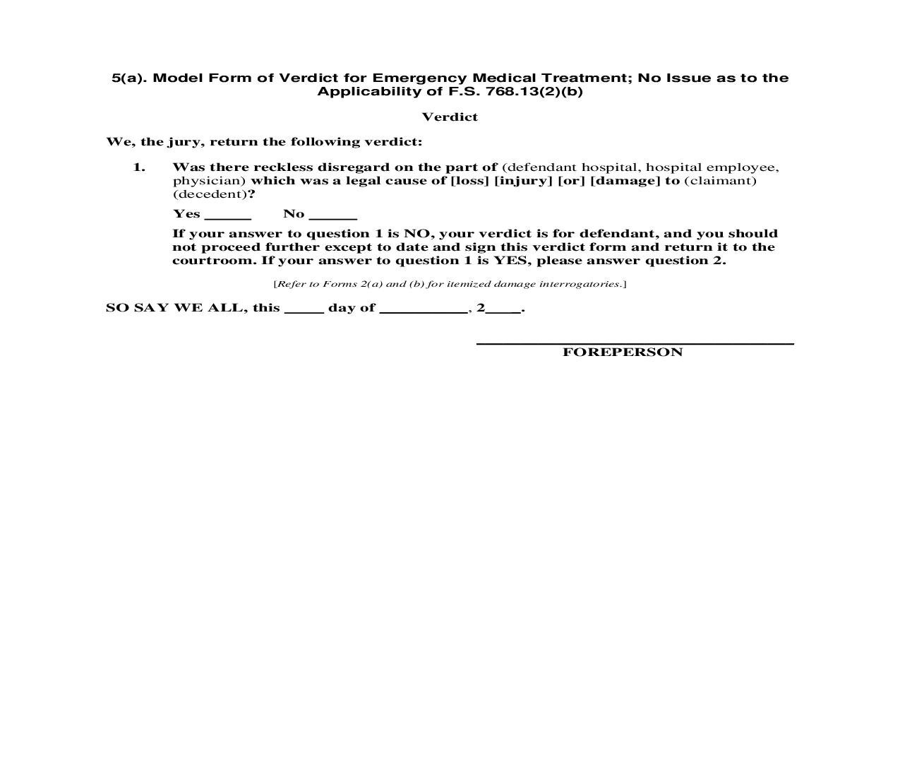 5(a). Model Form of Verdict for Emergency Medical Treatment | Pdf Doc Docx | Florida_JI