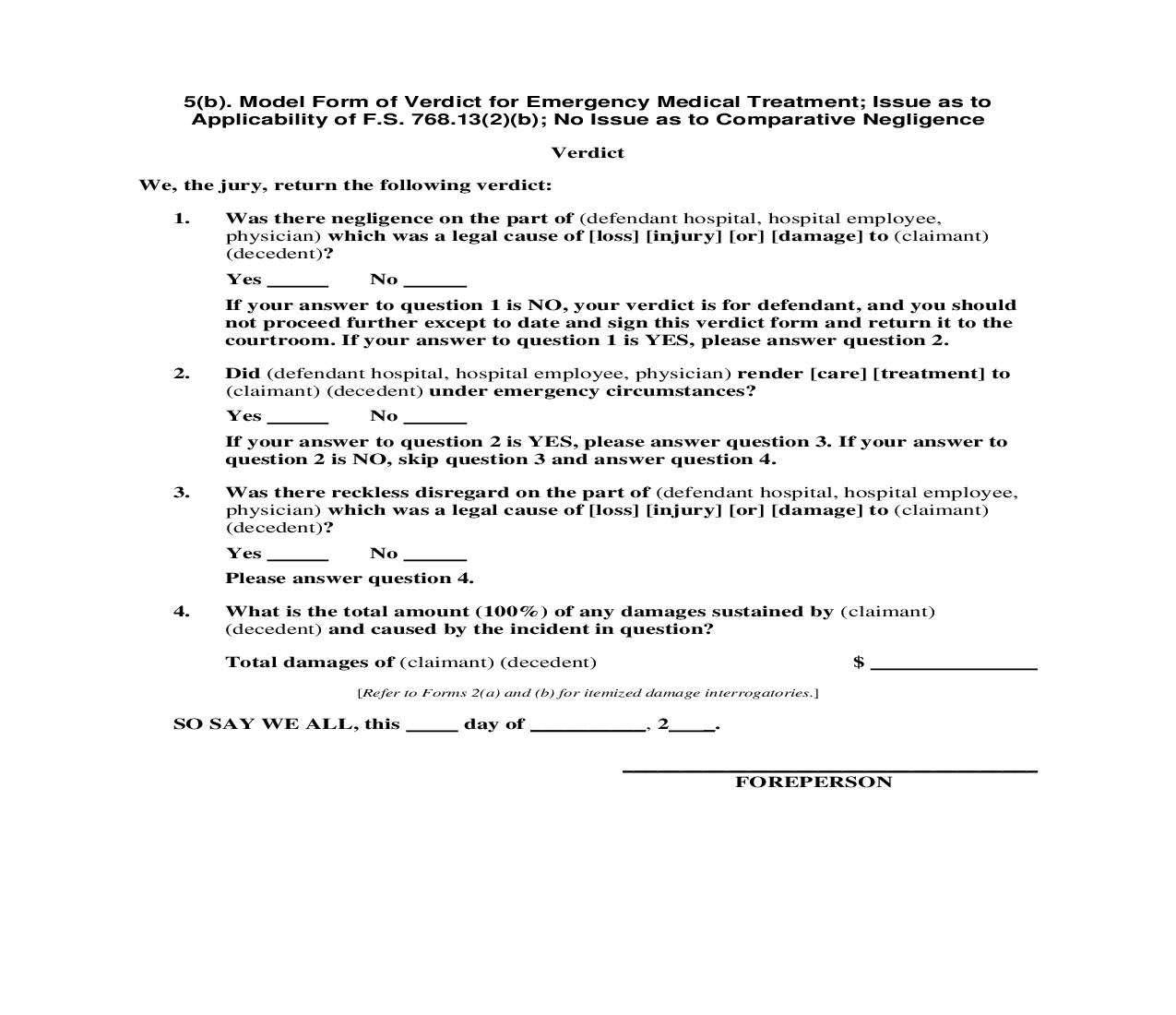 5(b). Model Form of Verdict for Emergency Medical Treatment - FS 768.13(2)(b) Issue | Pdf Doc Docx | Florida_JI