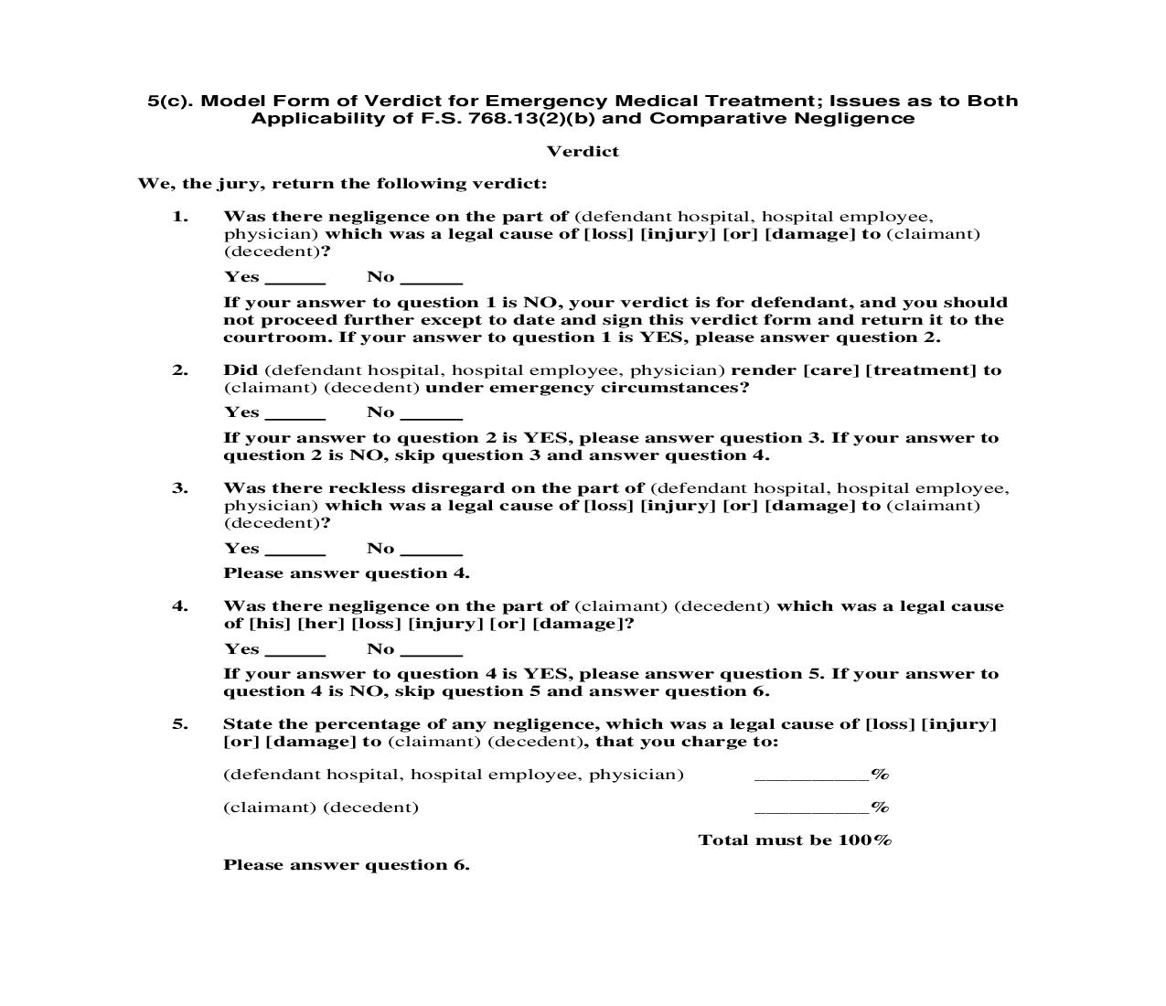 5(c). Model Form of Verdict for Emergency Medical Treatment - FS 768.13(2)(b) and Comp Neg Issues | Pdf Doc Docx | Florida_JI